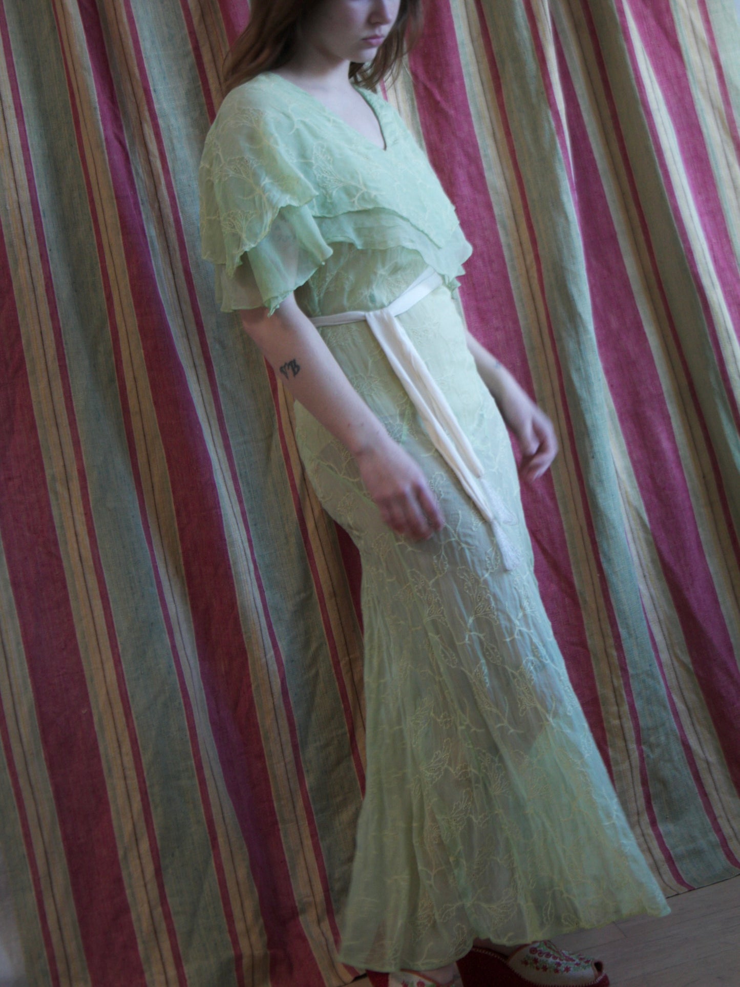 1930s Lime Embroideed Silk Chiffon Capelet Bias Cut Gown