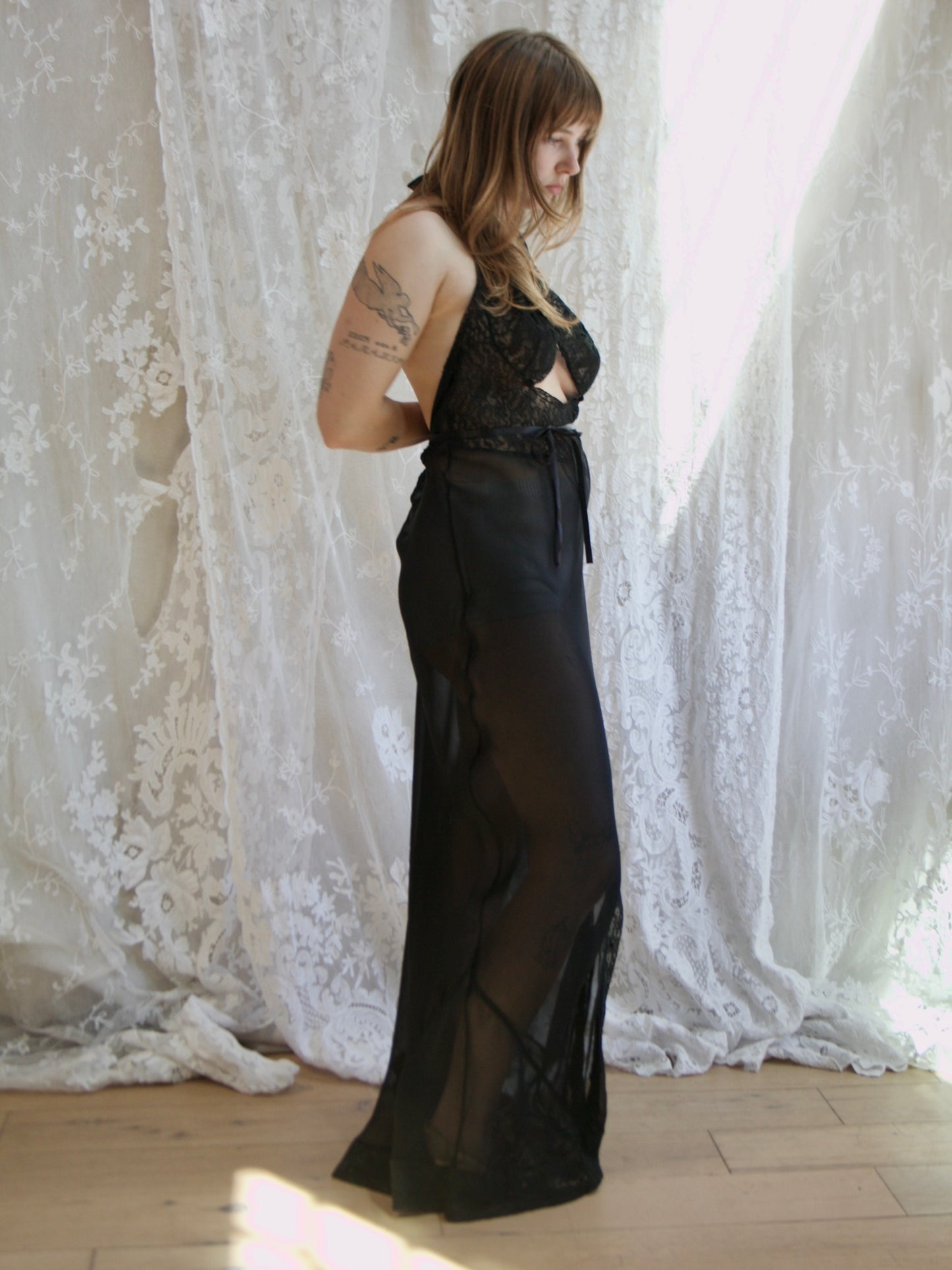 1940s Sheer Rayon Halter Lace Midriff Cutout Lingerie Gown