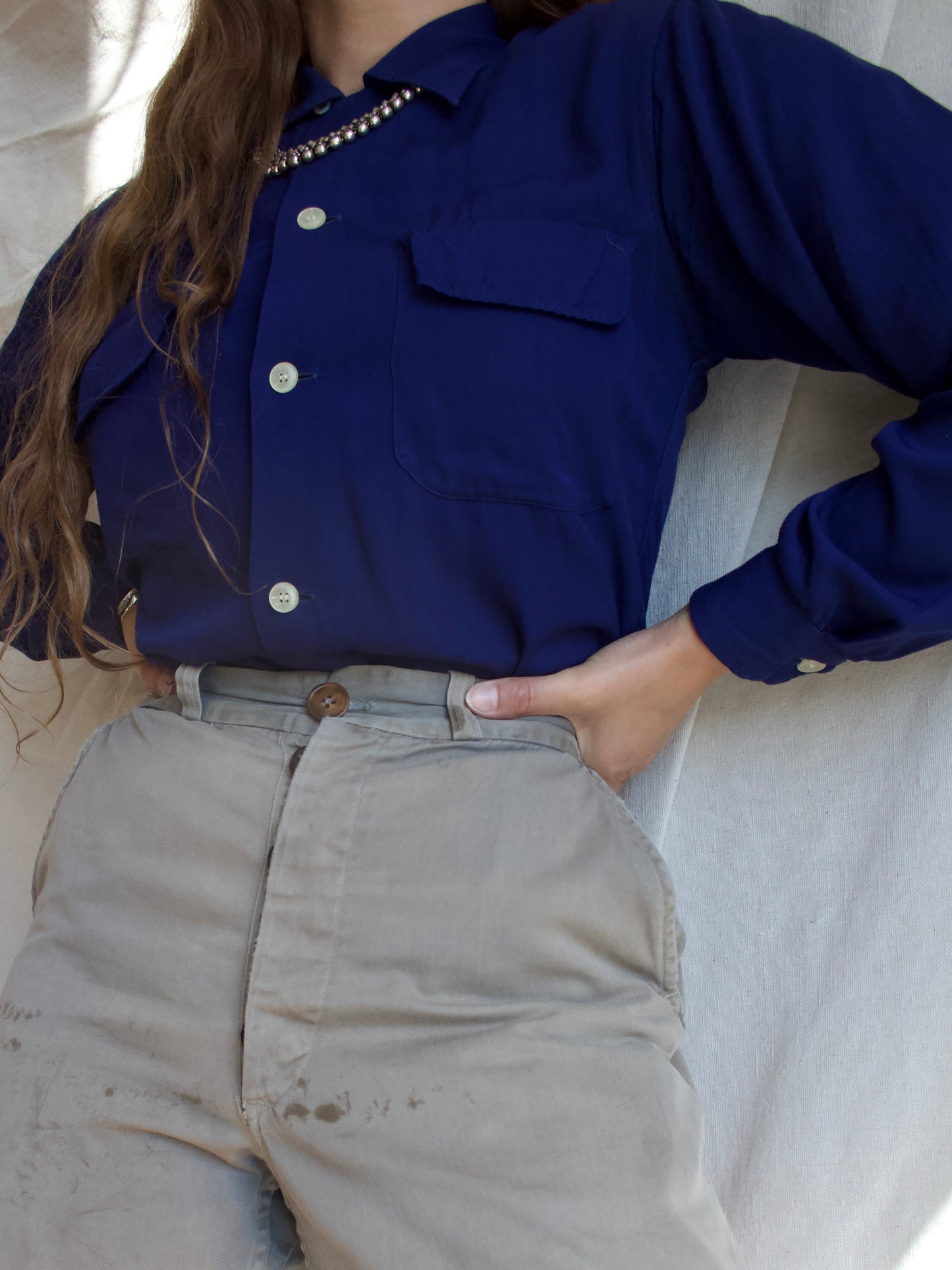 1950s Deep Royal Blue Smooth Gabardine Loop Collar Shirt