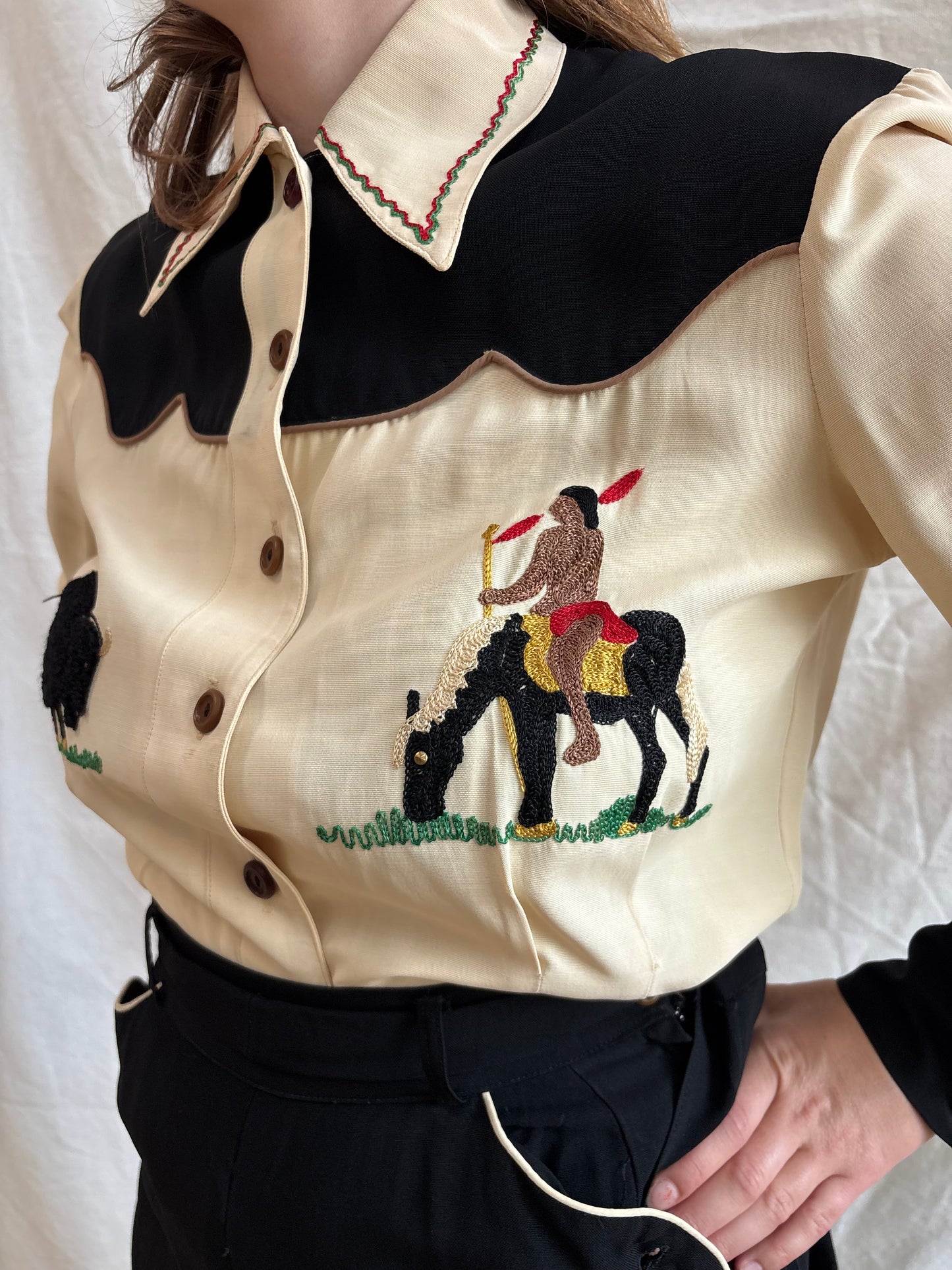 1940s 2PC Western Rayon Gab Chain-stiched Skirt Blouse Set