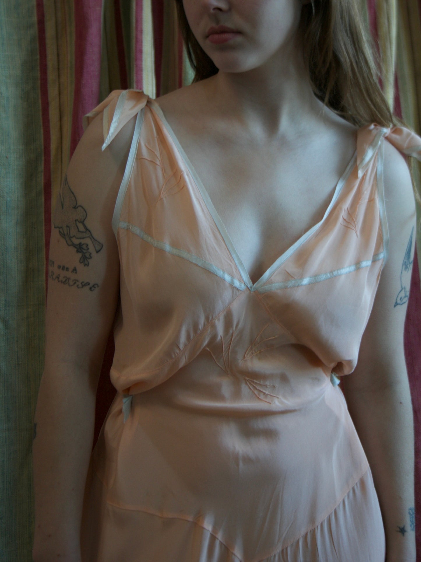 1930s Petal Pink Silk & Baby Blue Trim Tie Shoulder Palazzo Jumpsuit