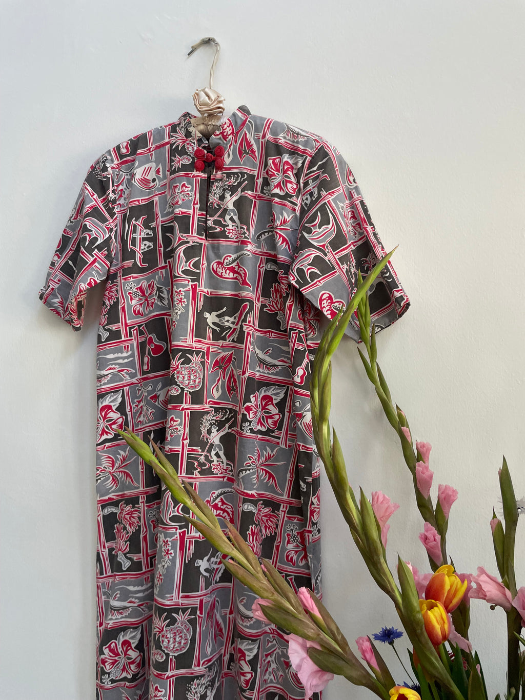 1930s Hawaiian Surf Print Cotton Mandarin Collar Dress