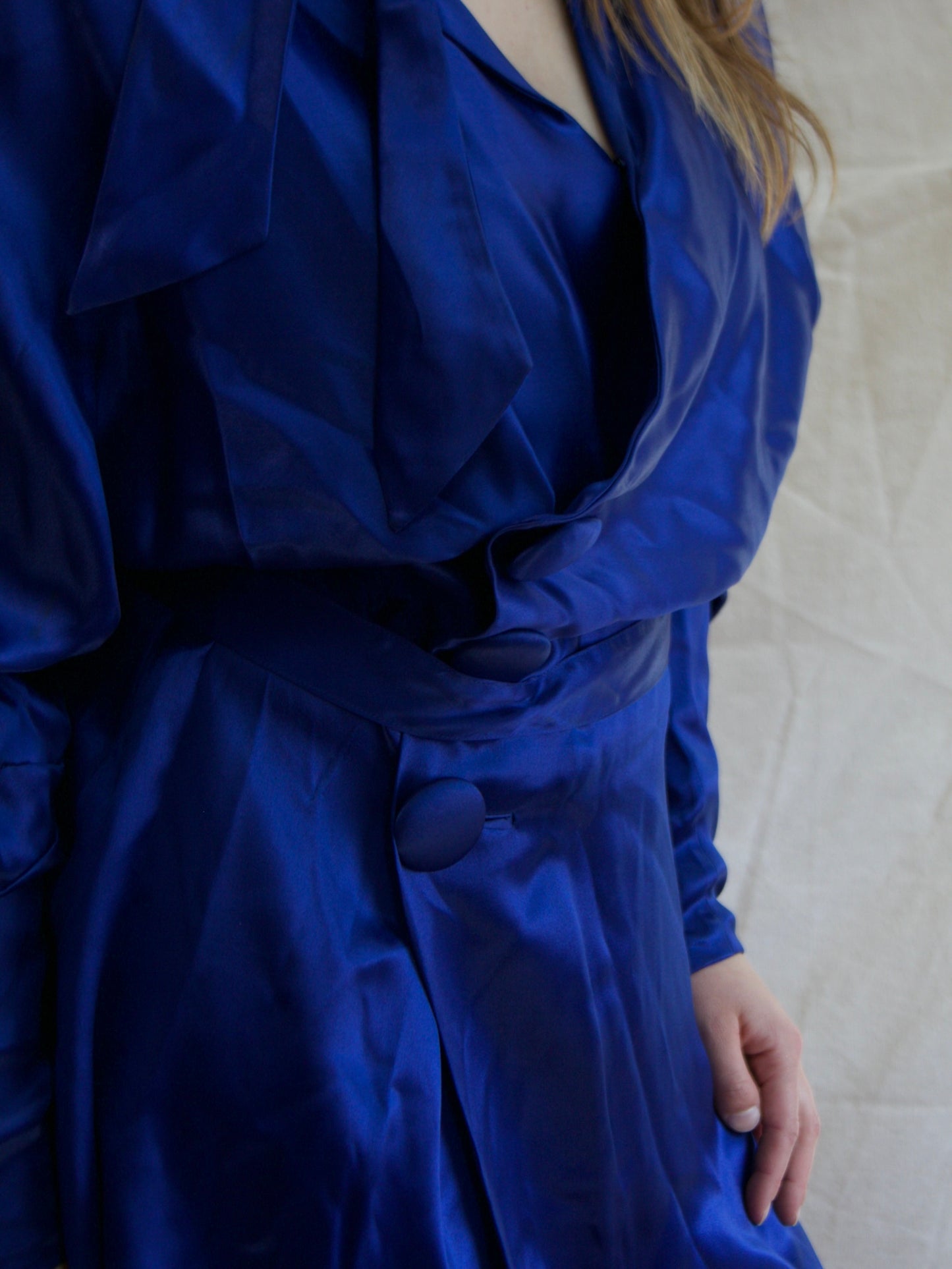 1930s Cobalt Crepe Back Satin Dolman Sleeve Tunic Length Evening Jacket