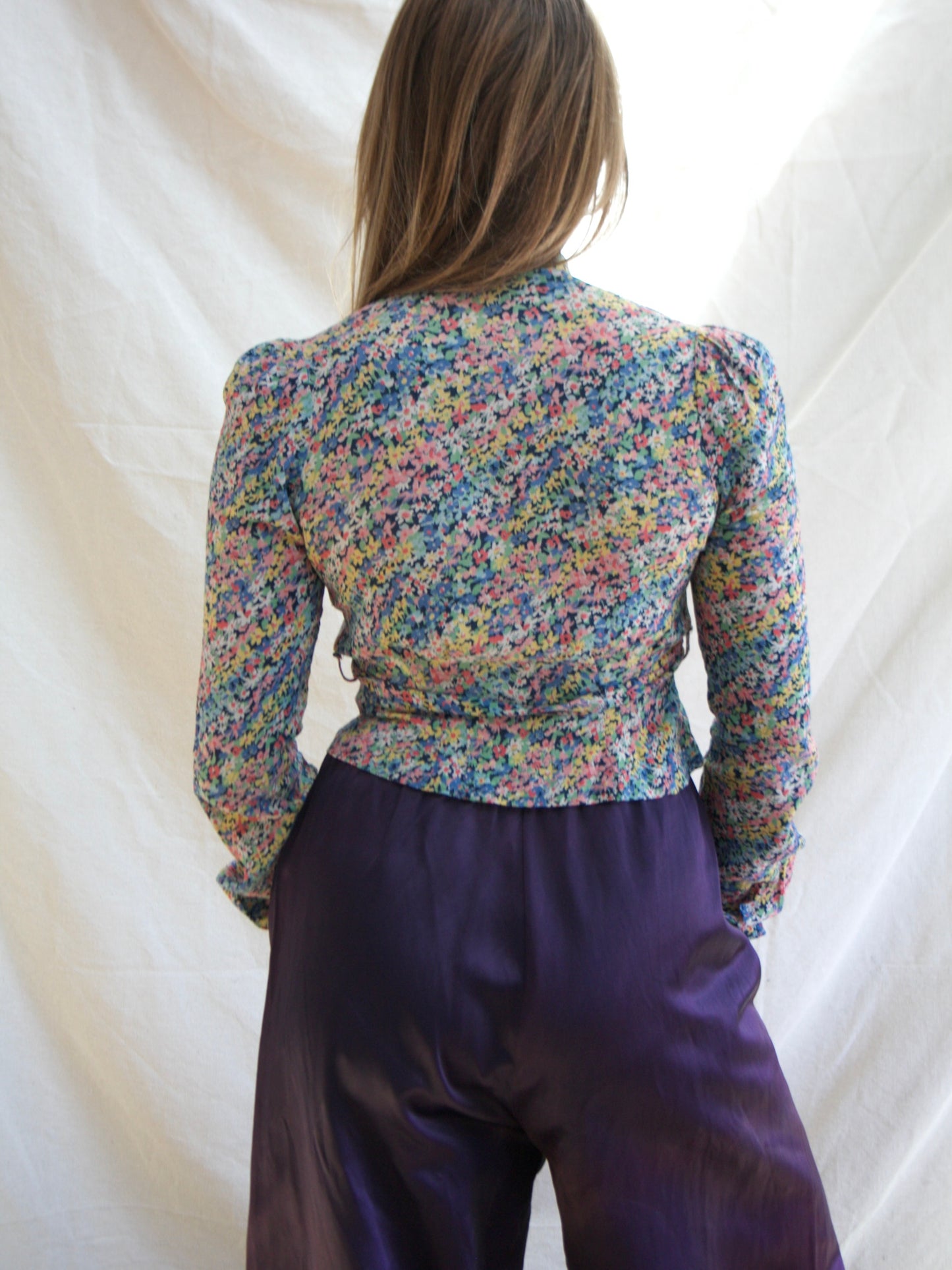 1930s Micro Floral Belted Rayon Crepe Cropped Blouse