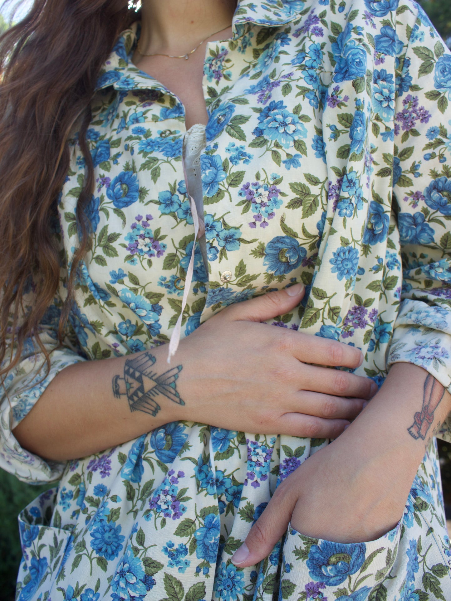 1950s Linen Blend Floral Print Smock