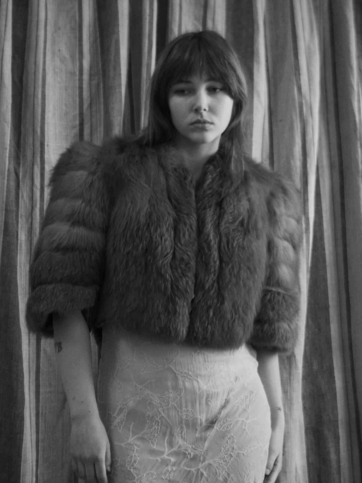 1940s Strong Shoulder Fox Fur & Silk Satin Cropped Jacket