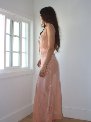 1930s Ballet Pink Floral Appliqué Chiffon Dress