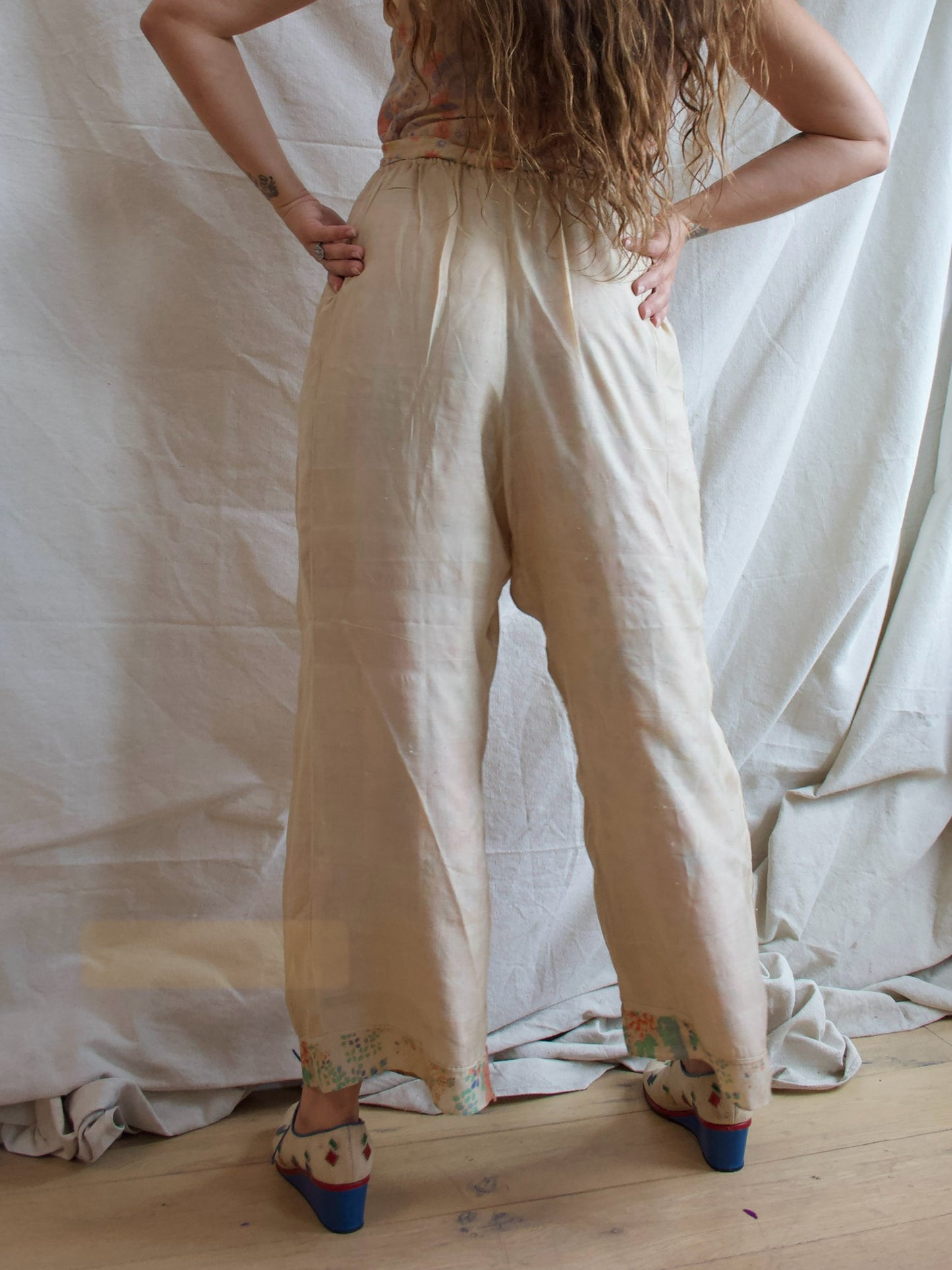 1930s Japanese Pongee Silk Border Trim Lounge Pants