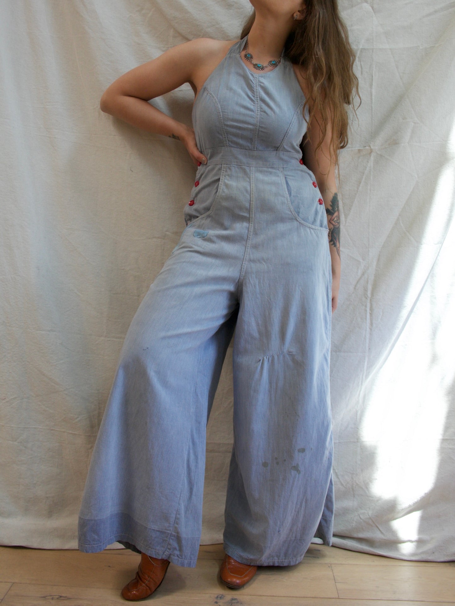 Special 1930s 'Trailer-alls' Chambray Halter Sportswear Double Side Button Overalls