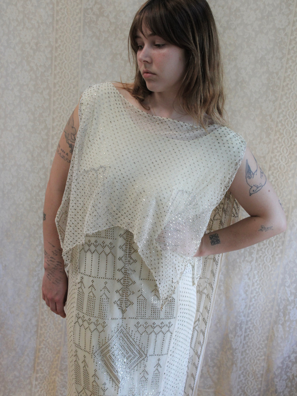 Antique 1920s Assuit Grecian Draped Back Trained Bridal Gown