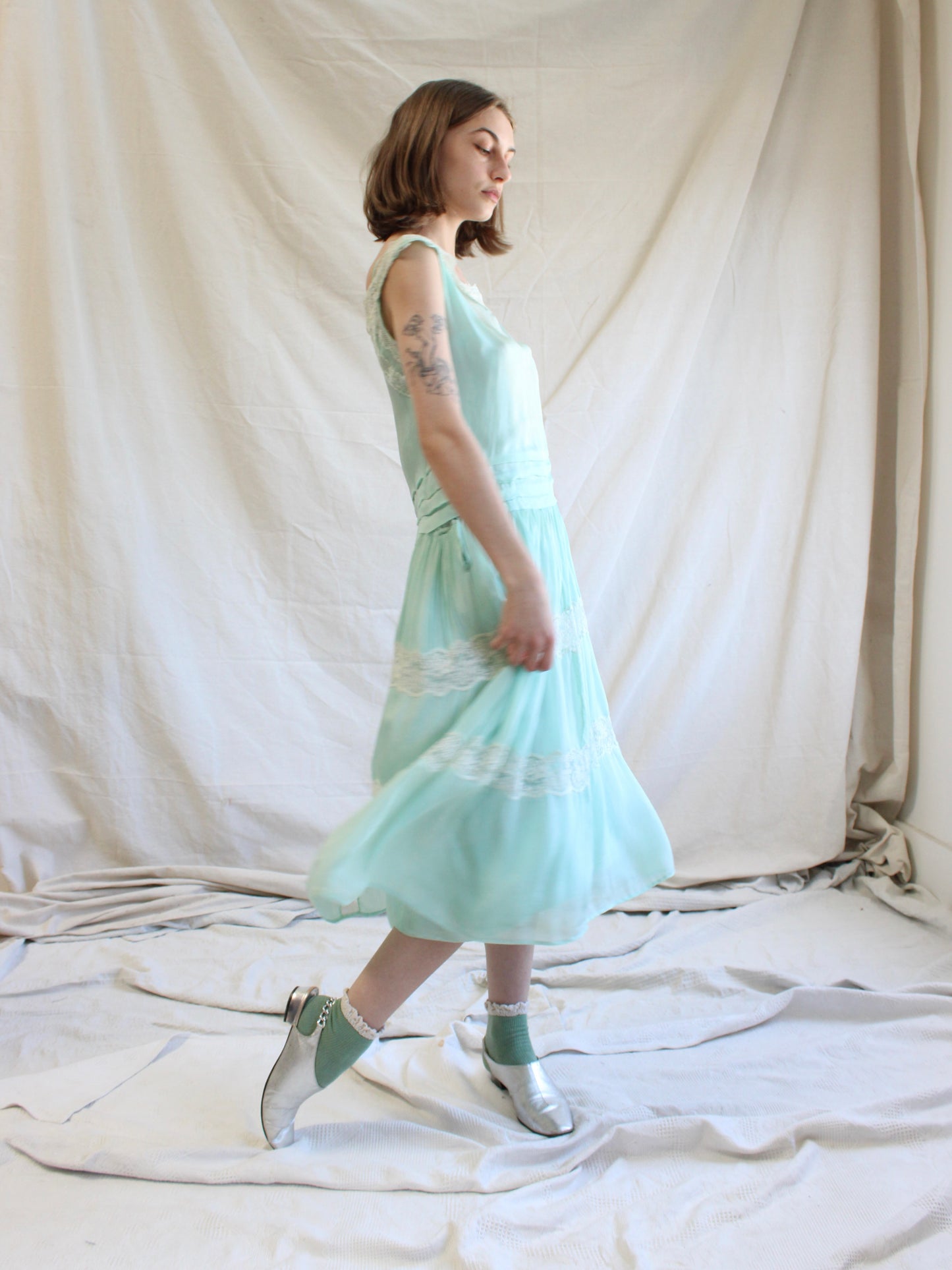 1920s Insertion Lace Mint Chiffon Day Dress