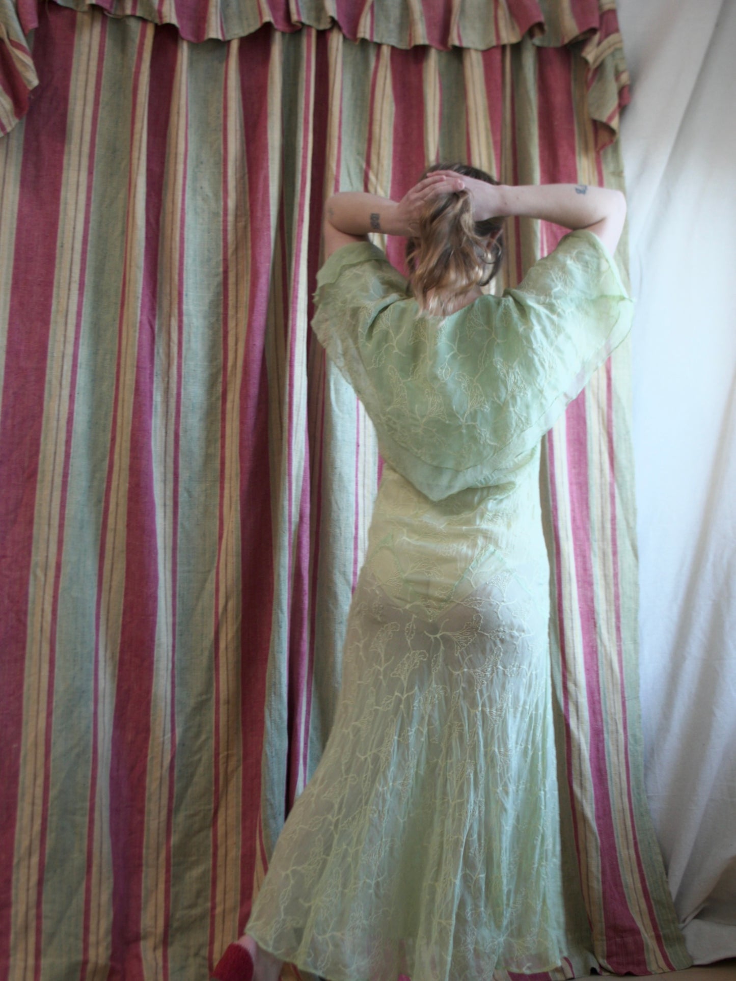 1930s Lime Embroideed Silk Chiffon Capelet Bias Cut Gown