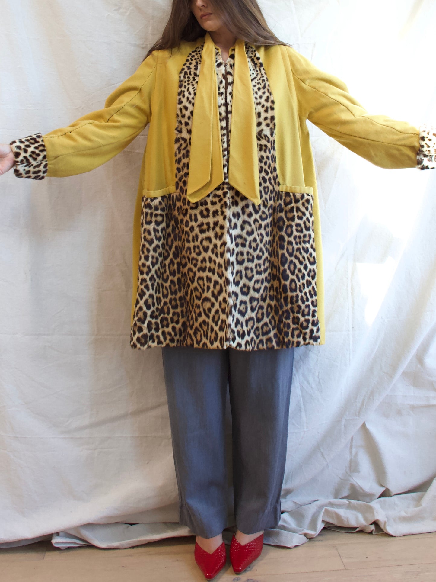 1940s Lemon Yellow Wool & Real Leopard Fur Swing Coat