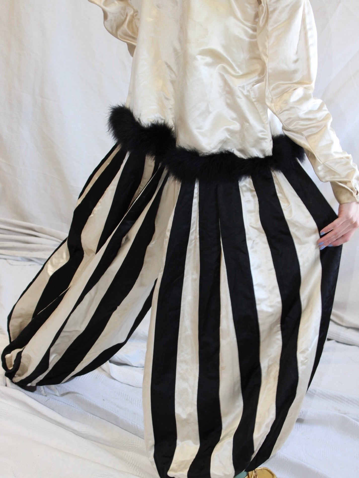 One Of A Kind Antique 1910s B&W Satin 4 Piece Mardi Gras Harem Pant Jumpsuit Ensemble
