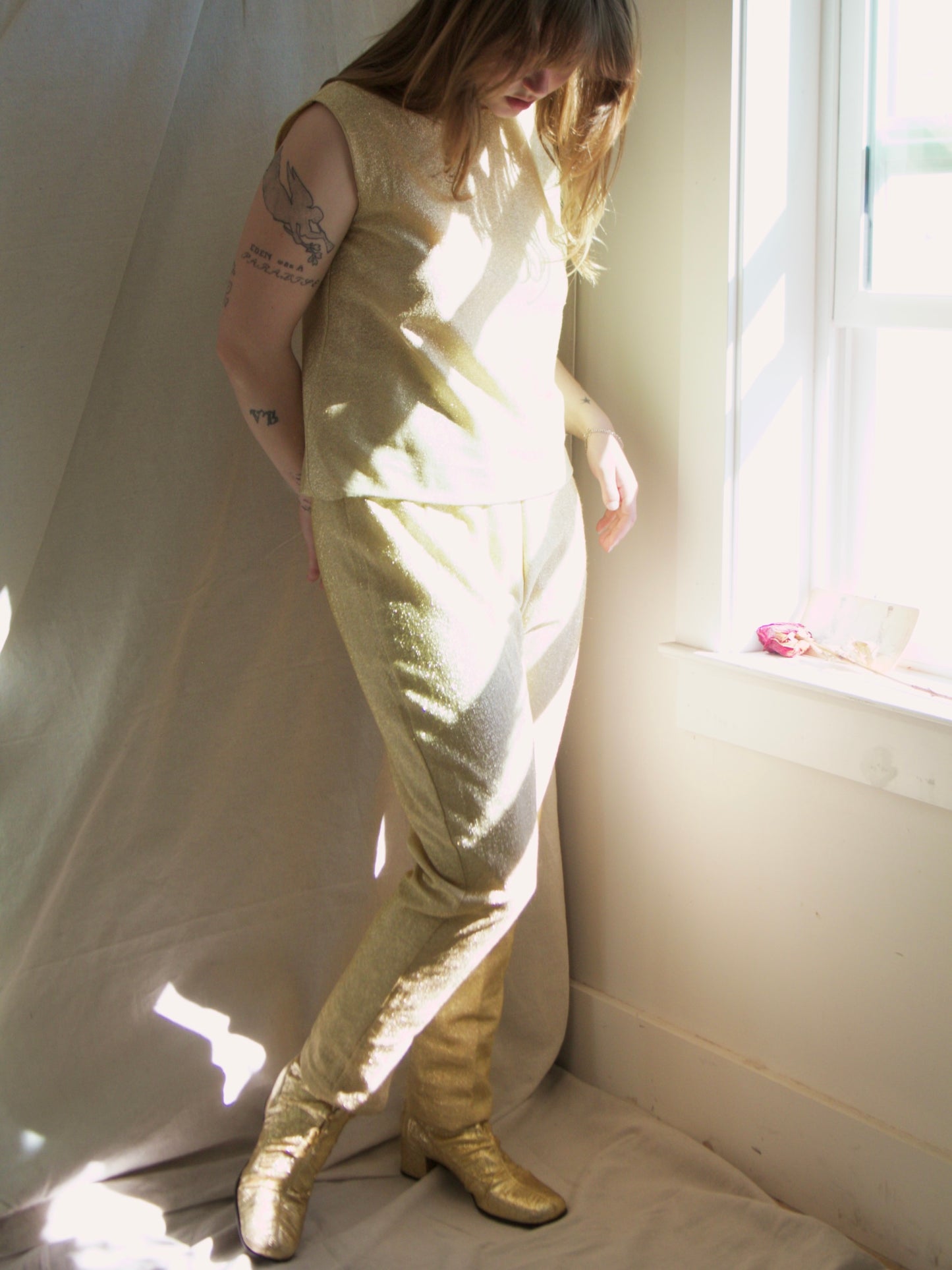 1950s Gold Lurex Two Piece Cigarette Pant Set