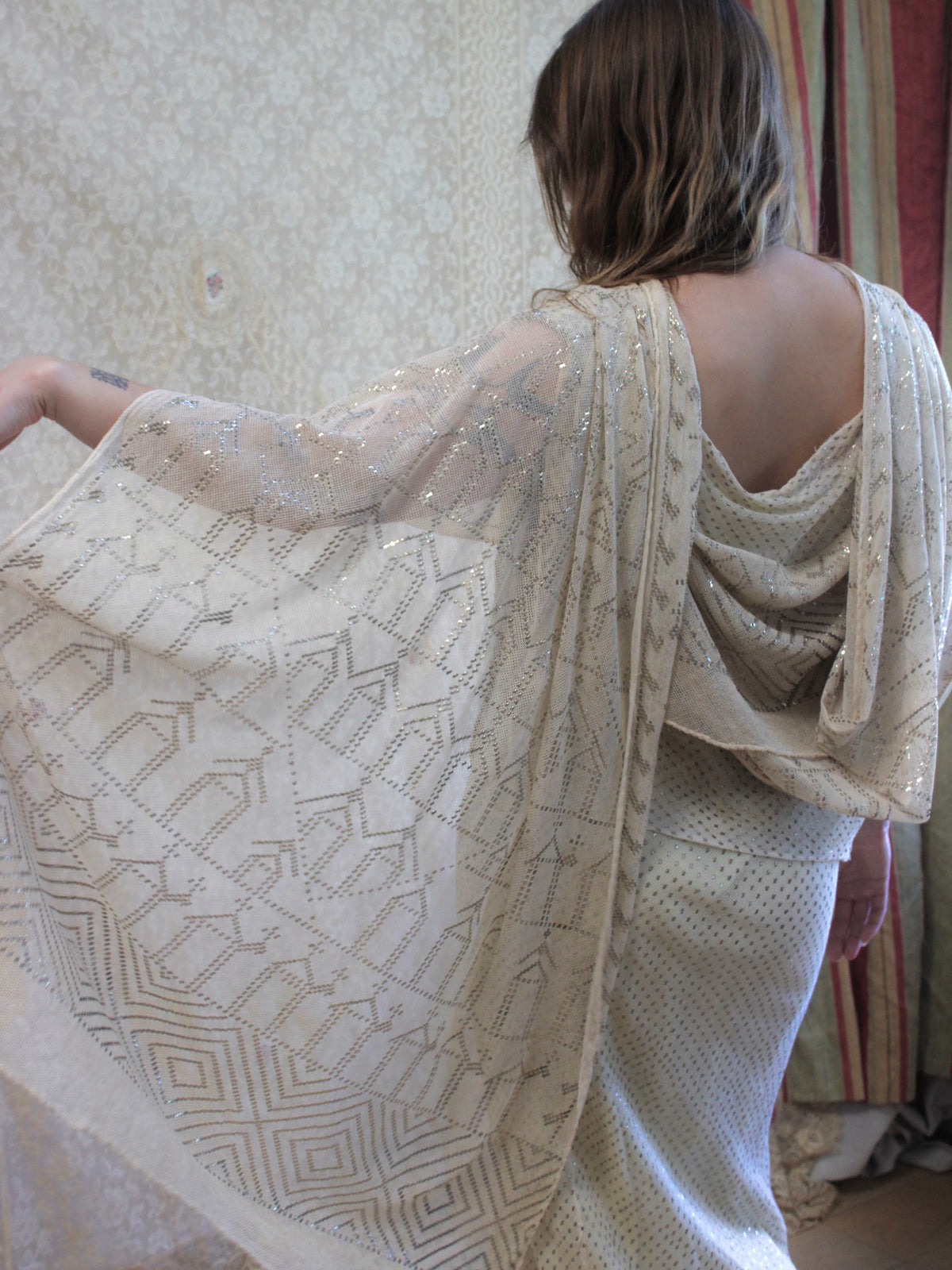 Antique 1920s Assuit Grecian Draped Back Trained Bridal Gown