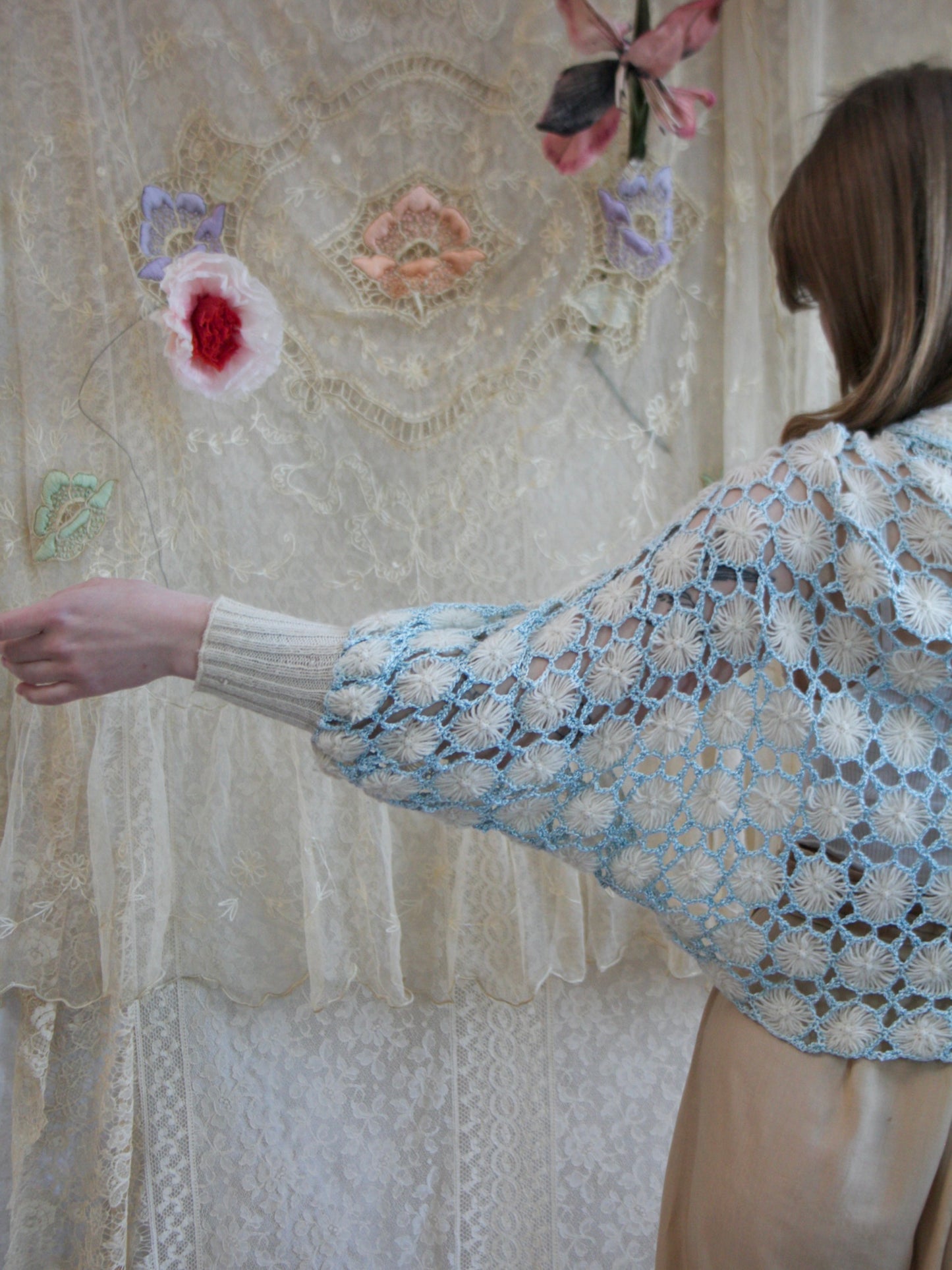 1930 Crochet Wool Knit Silk Ribbon Shrug