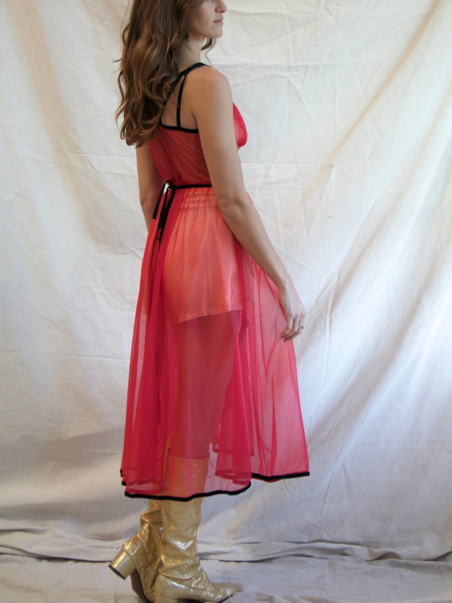 1950s Cherry Red Nylon Faux “Studded” Velveteen Trim Slip Dress