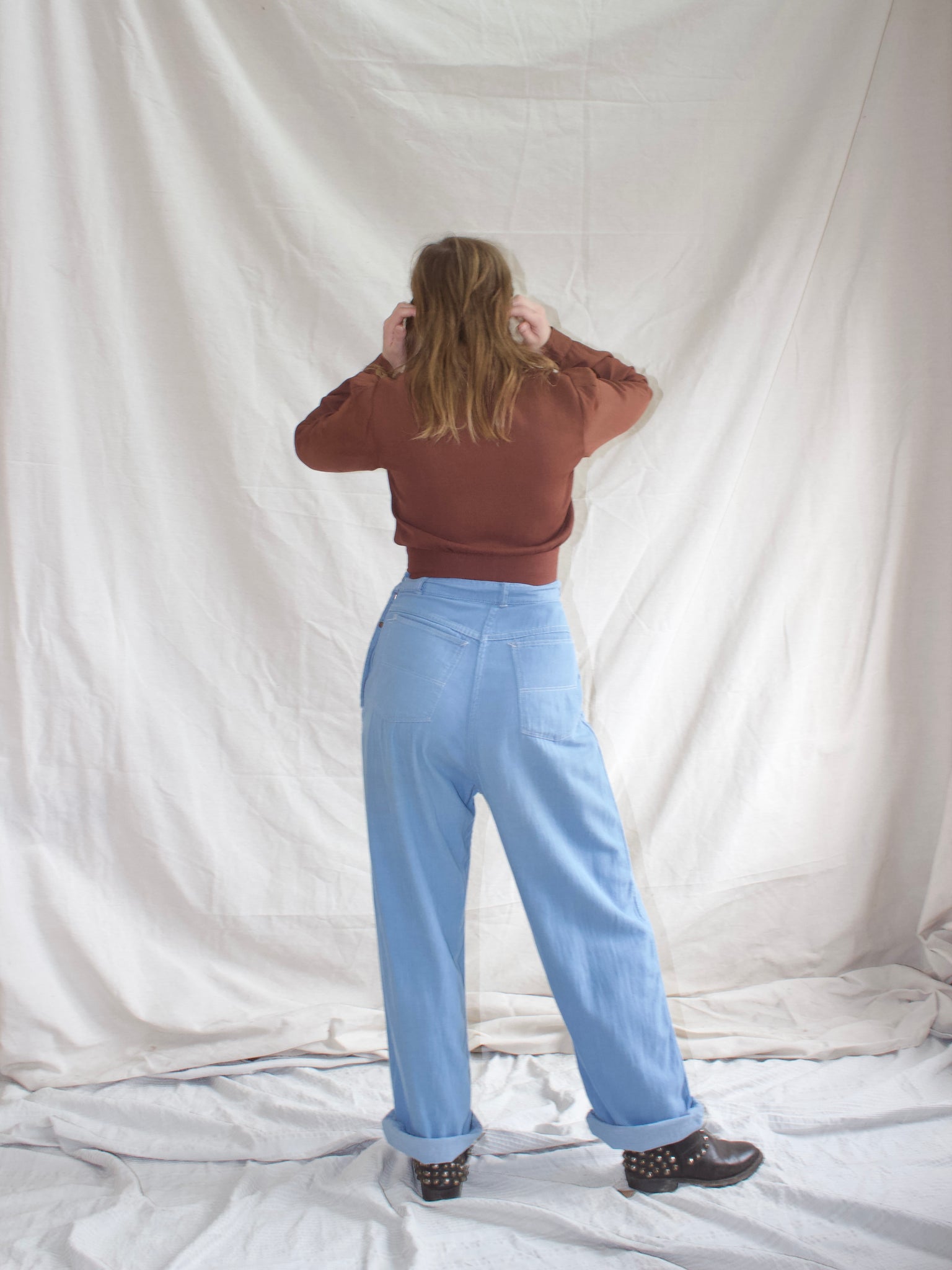 1940s Chestnut Brown Puff Sleeve Buckle Waist Copped Sportswear Blouse