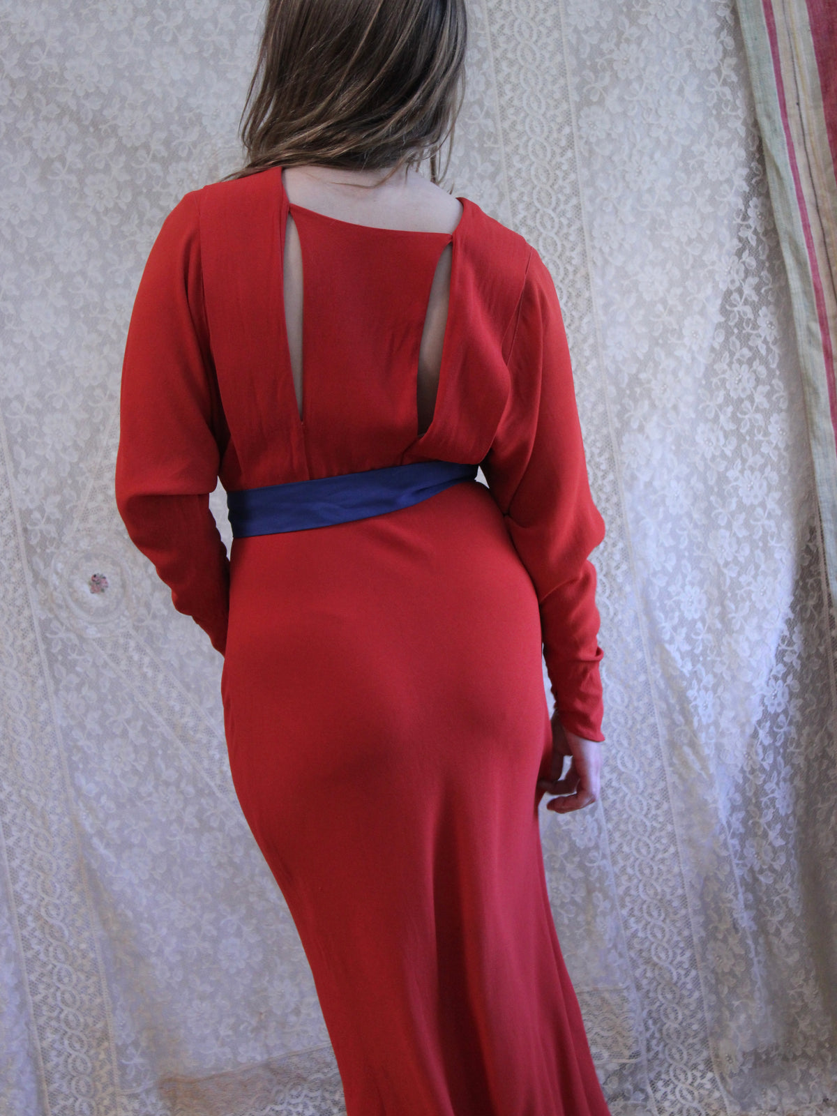 1930s Tomato Red Keyhole Back Rayon Crepe Bias Gown