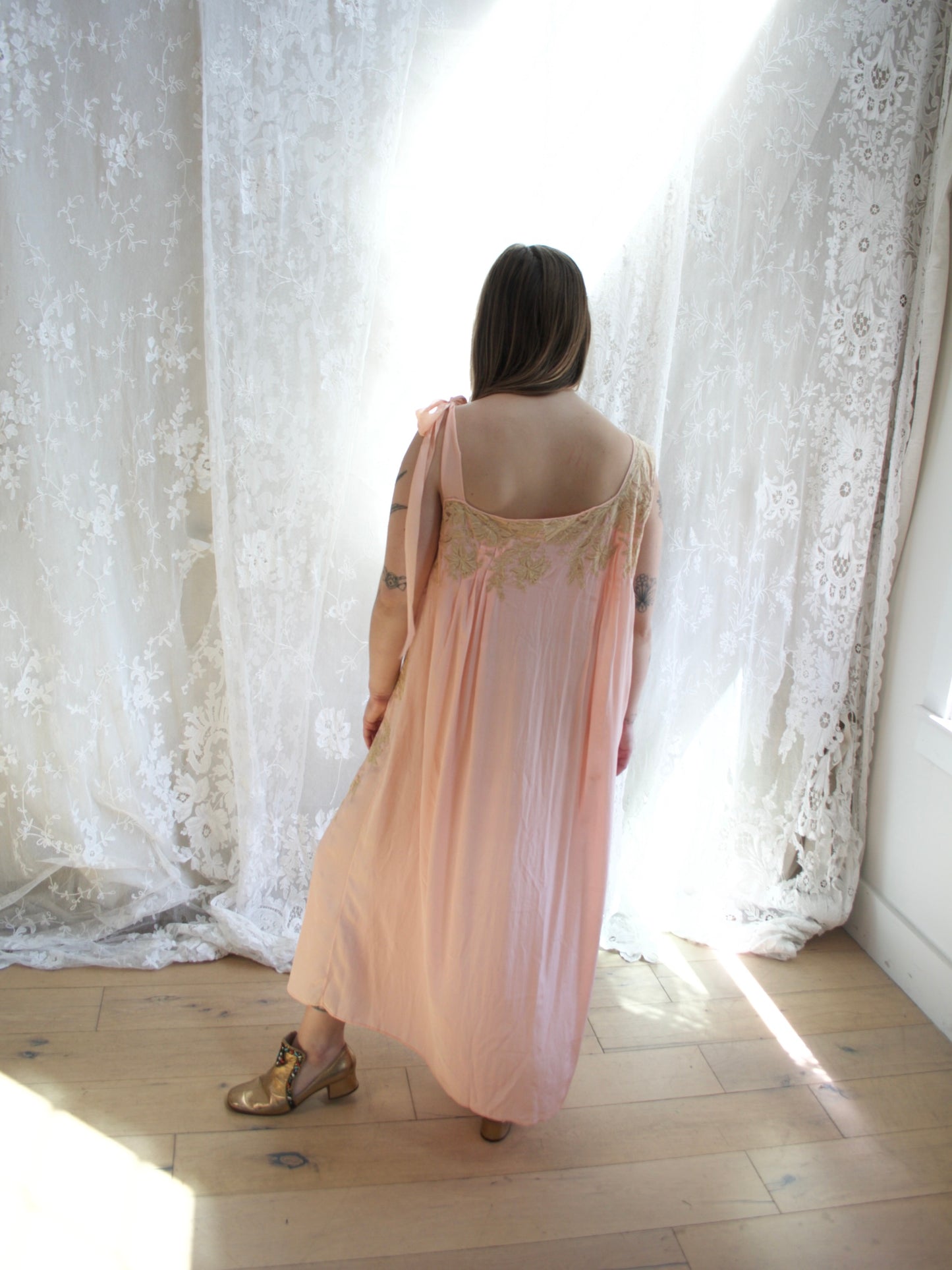 Antique 1920s Inset Ecru Lace Silk Asymmetrical Tie Shoulder Lingerie Gown