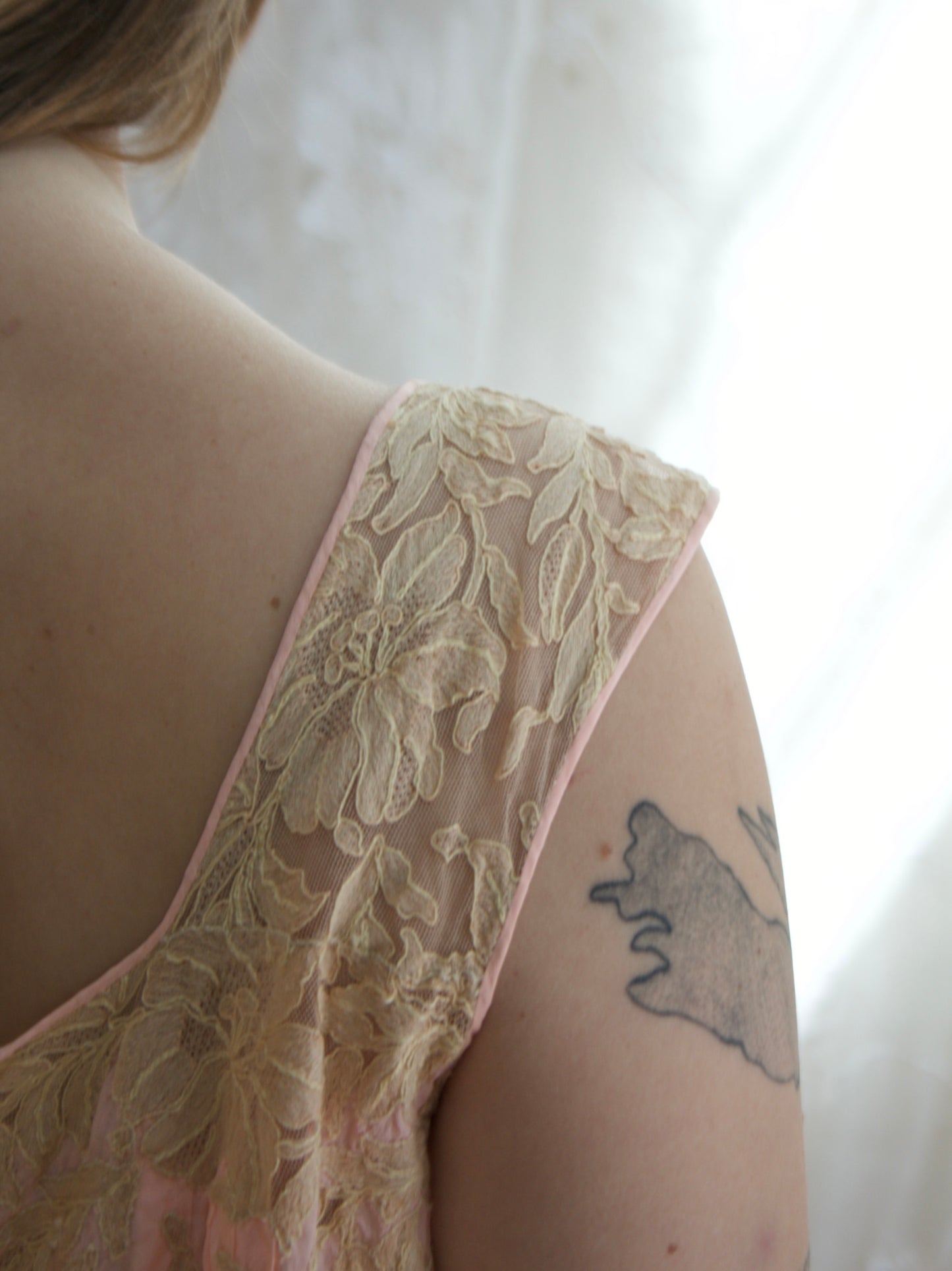 Antique 1920s Inset Ecru Lace Silk Asymmetrical Tie Shoulder Lingerie Gown