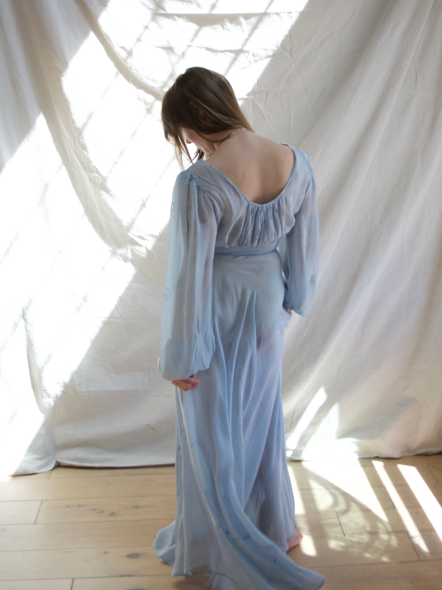 1930s Balloon Sleeve Baby Blue Sheer Gown