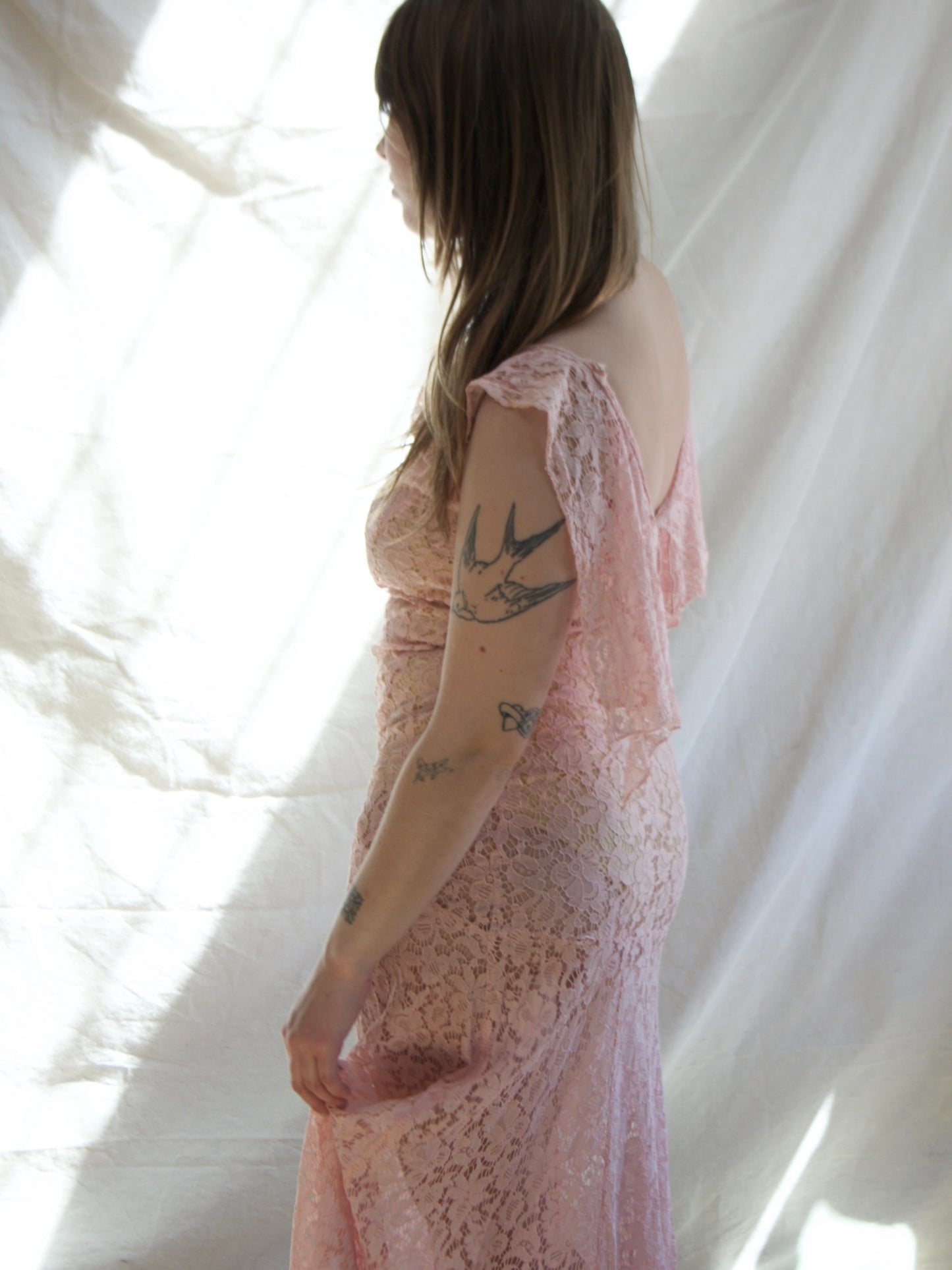 1930s Cowl Neck Bias Pink Lace Low Back Gown