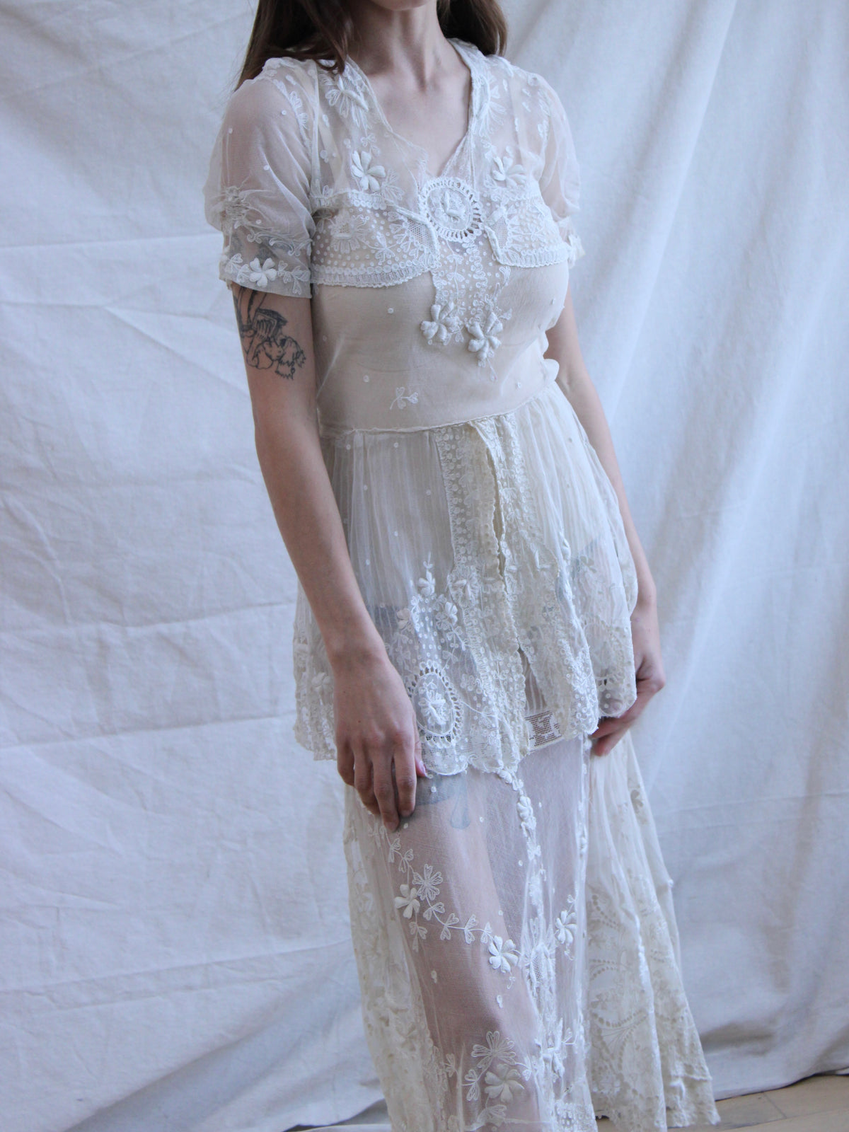 Antique Embroidered Tambour Lace Net Overlay Tea Length Gown