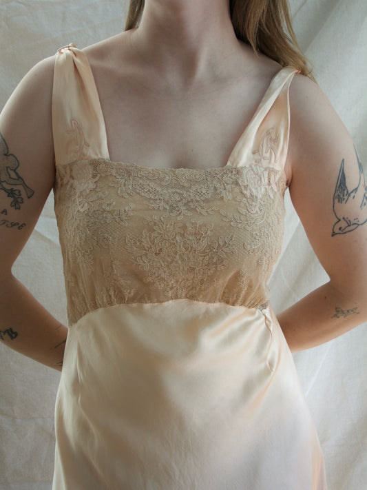 1930s Blush Pink Silk Ecru Lace Bias Cut Slip Gown
