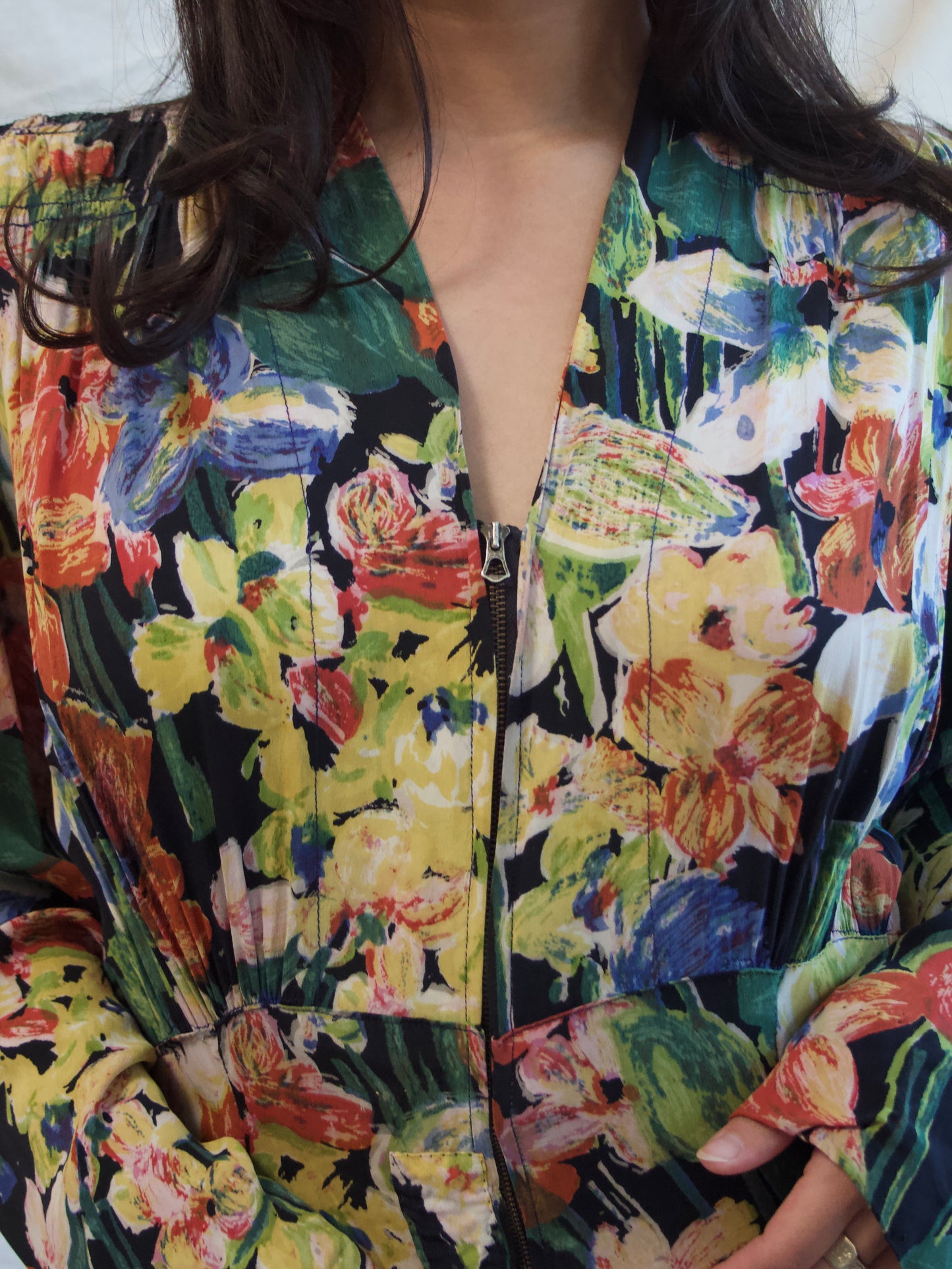 1930s Zip Front Puff Bell Sleeve Floral Silk Crepe Dress