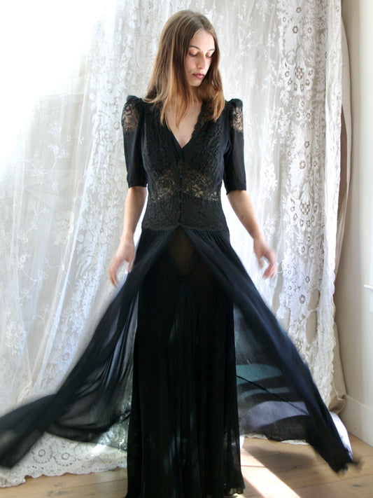1930s Two Piece Inky Black Silk & Lace Gown/ Peignoir Set