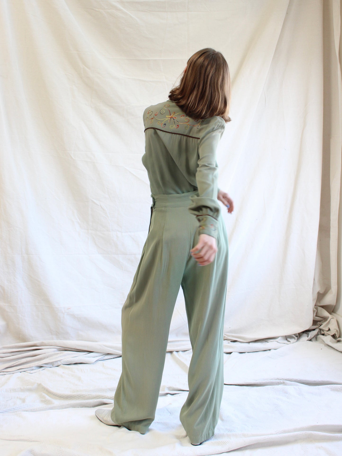 1940s Faded Green Gabardine Western Chain-stitched 2 PC Sportswear Set