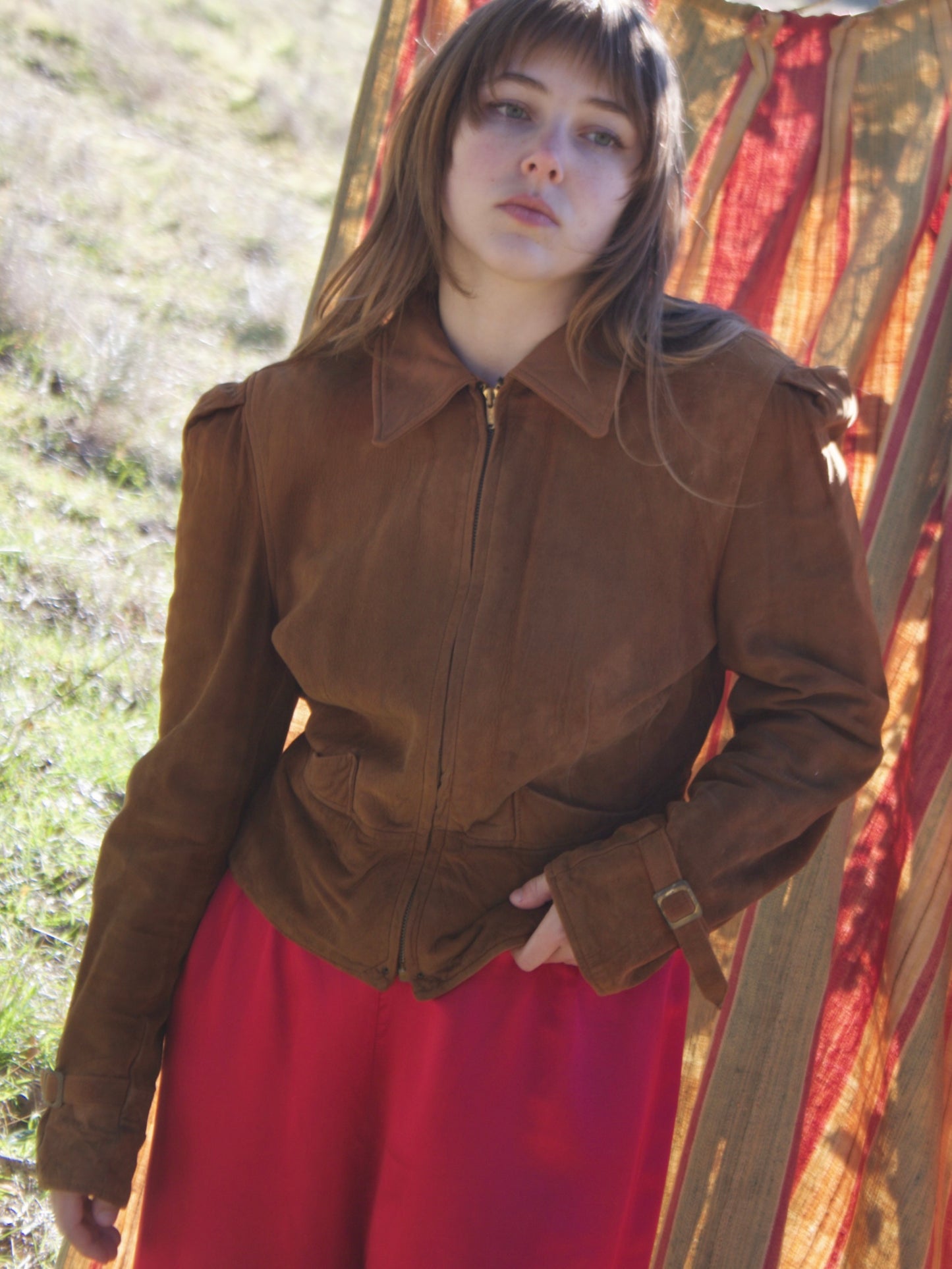 Rare 1940s Suede Puff Sleeve Back Cinch Jacket