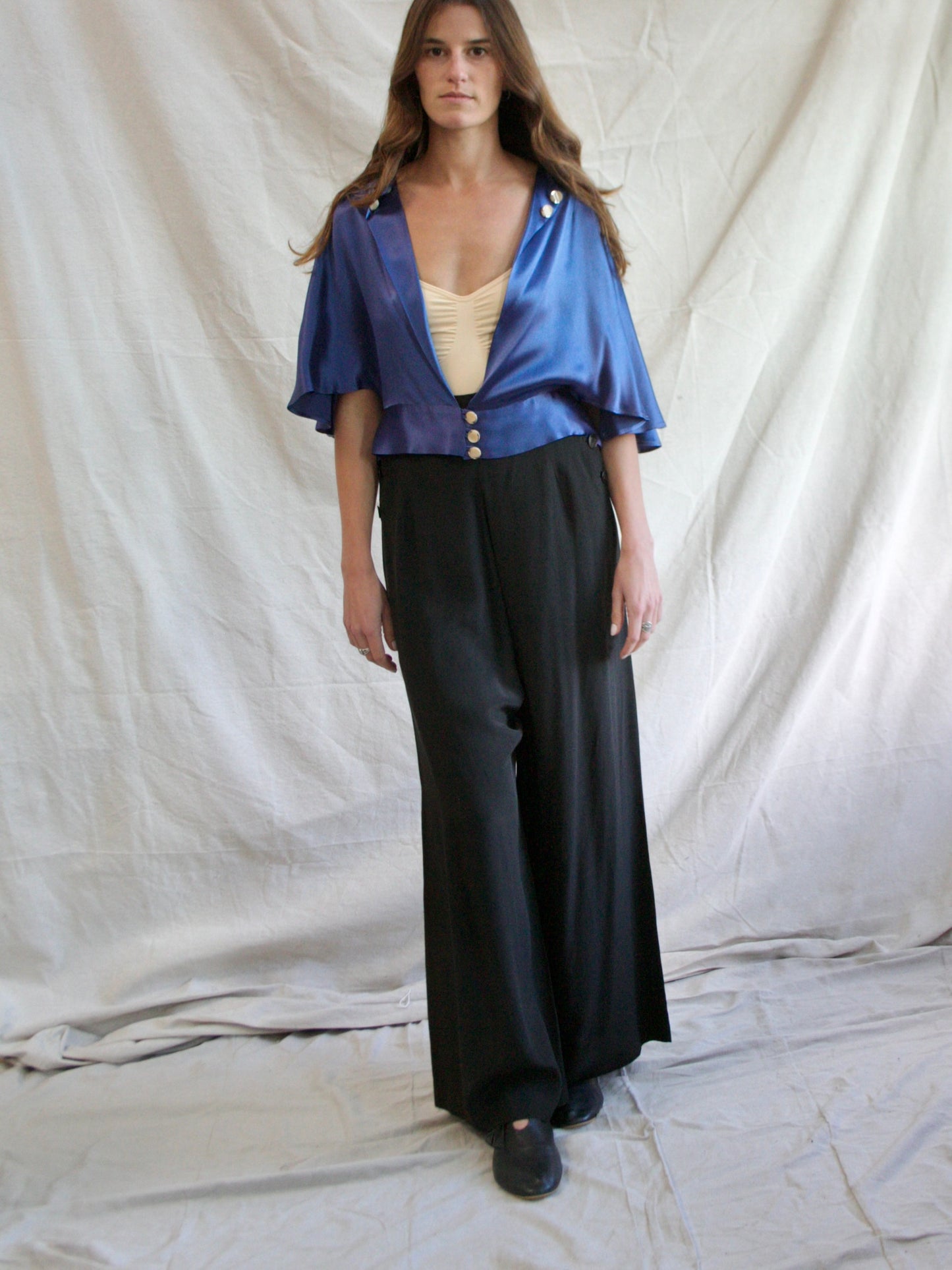 1930s Cobalt Blue Silk Plunging Open Side Capelet Blouse