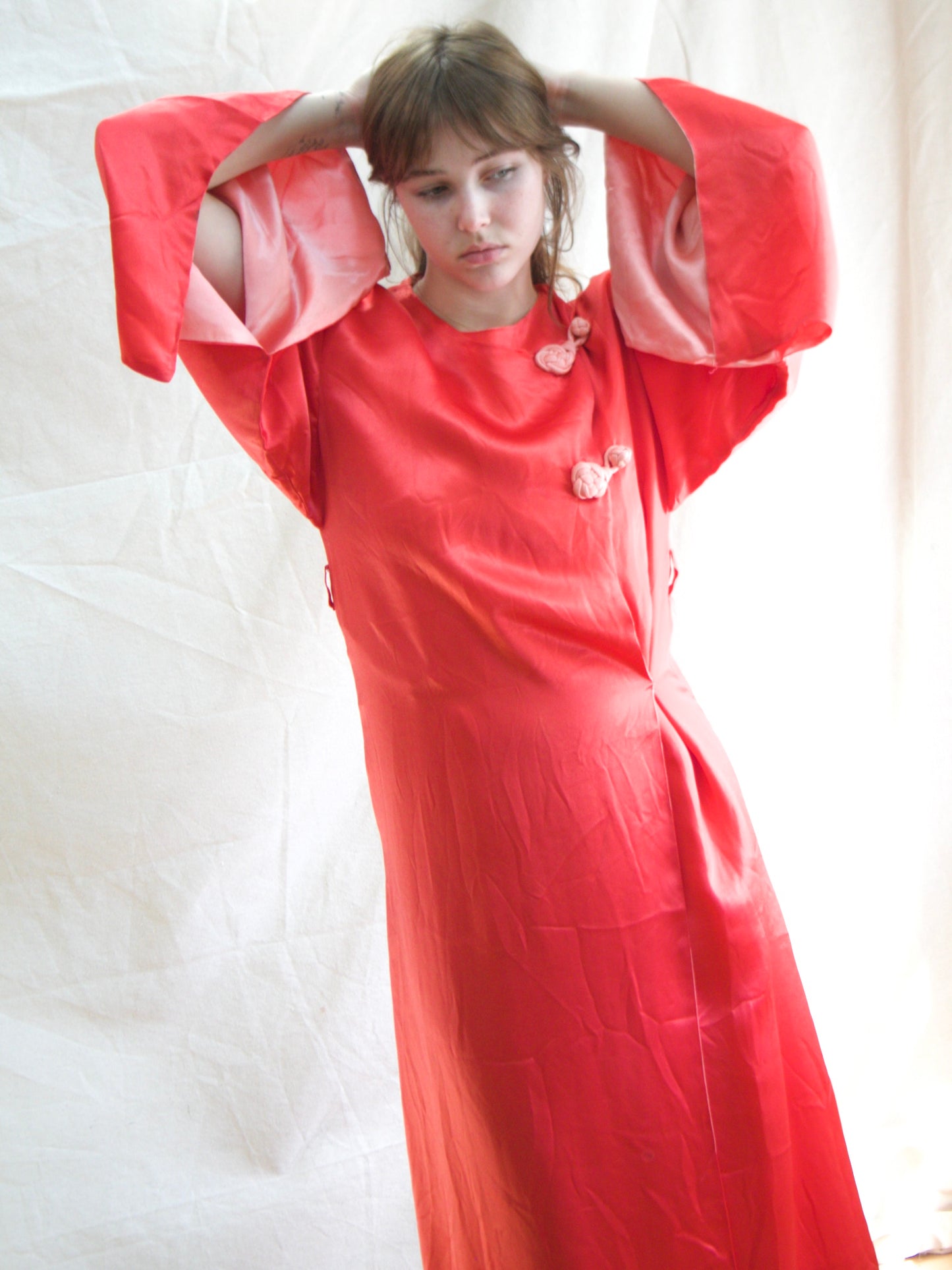 Antique 1920s Day-Glo Neon Coral Kimono Sleeve Silk Frog Closure Robe