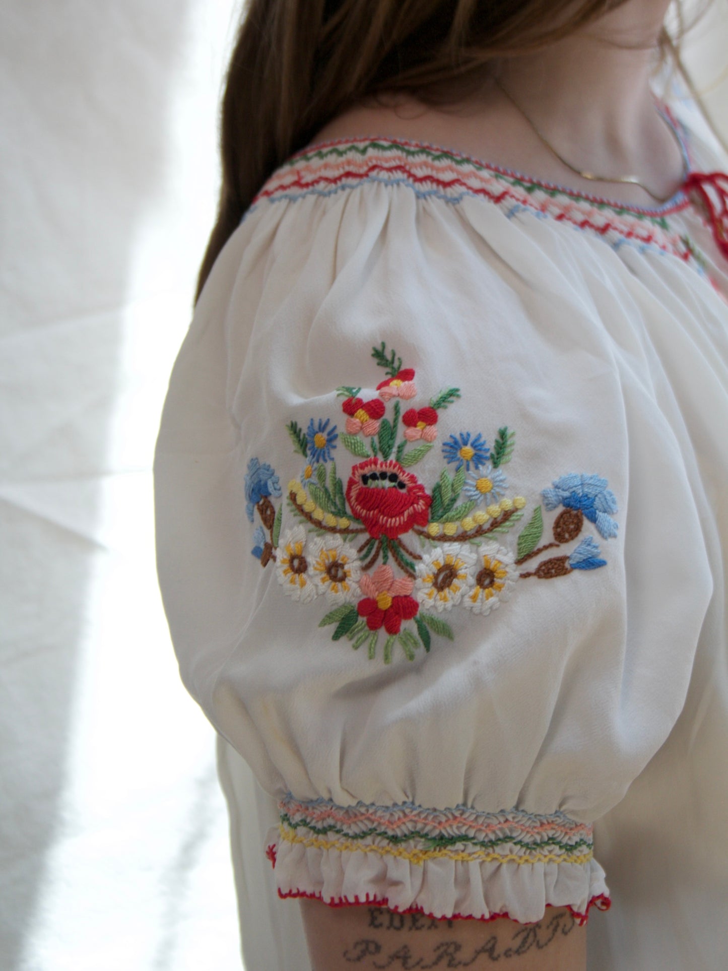 1930s Hand Embroidered Hungarian Silk Crepe Smocked Blouse