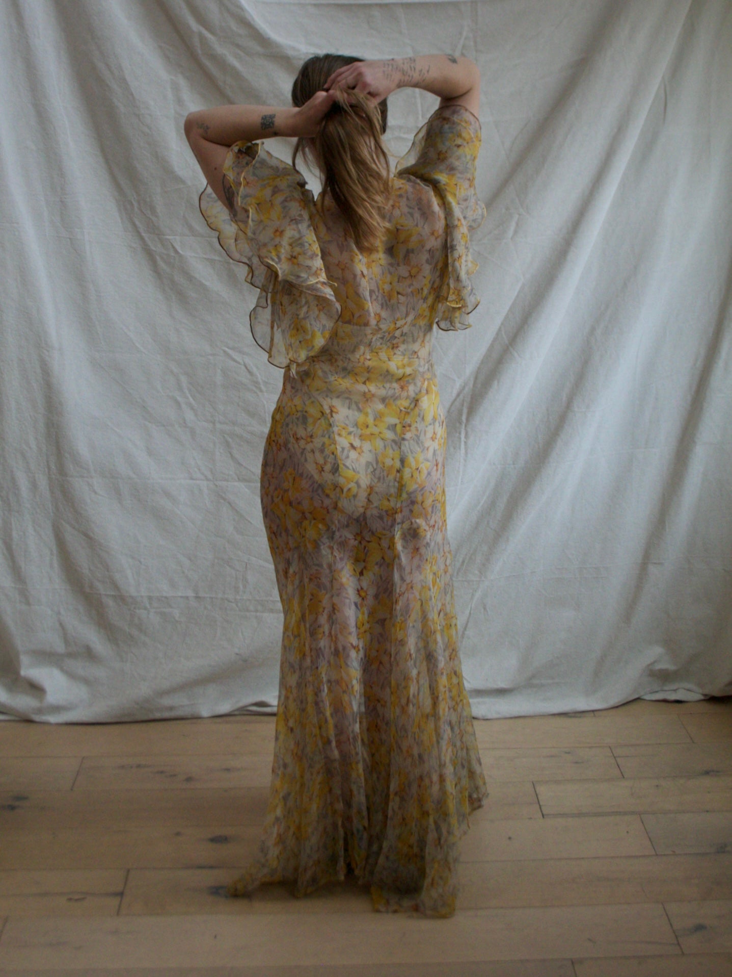 1930s Silk Chiffon Autumnal Flutter Sleeve Deco Bias Cut Gown