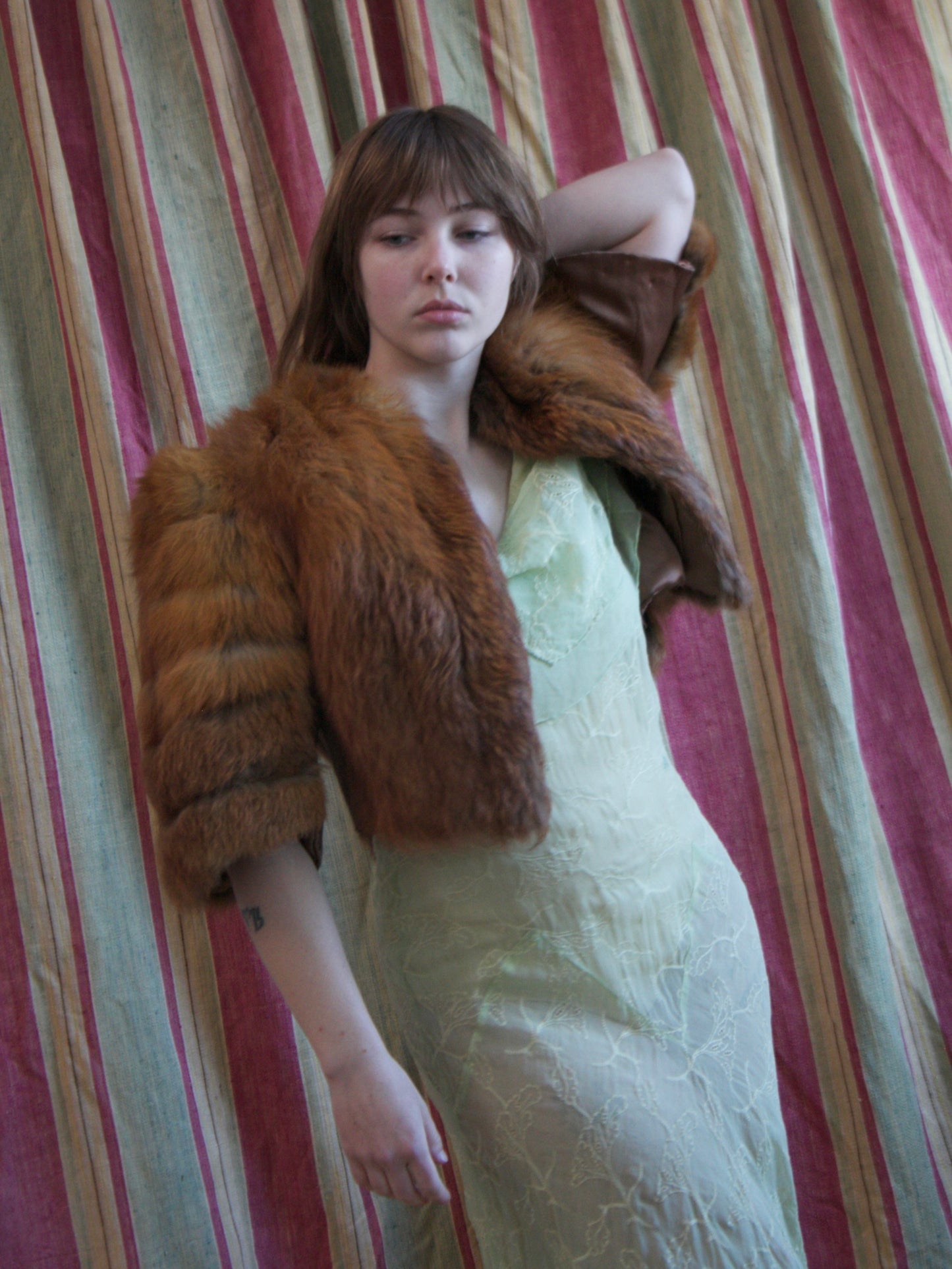1940s Strong Shoulder Fox Fur & Silk Satin Cropped Jacket