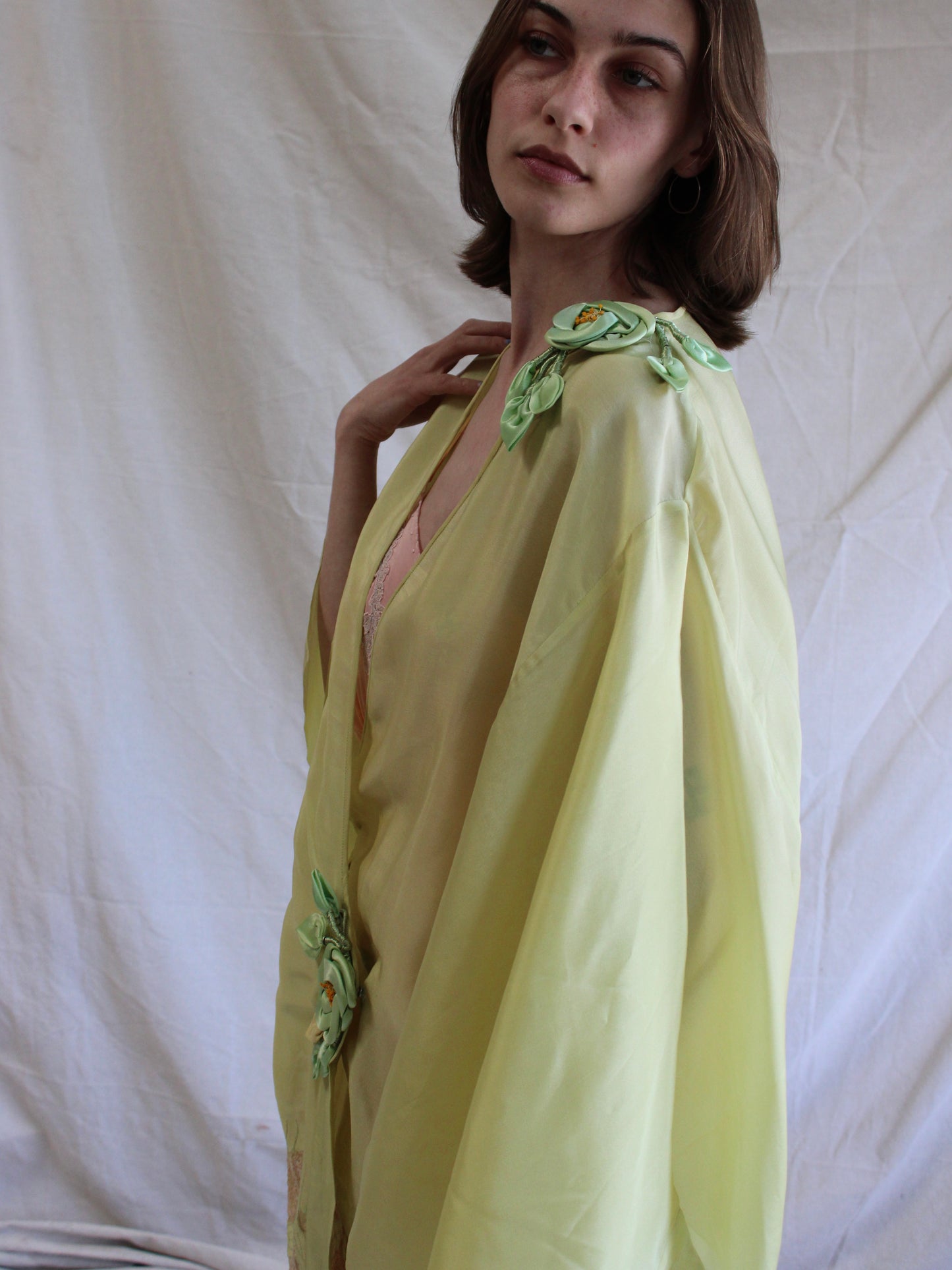 Antique 1920s Vibrant Chartreuse Silk Ribbon-work Kimono Sleeve Boudoir Robe