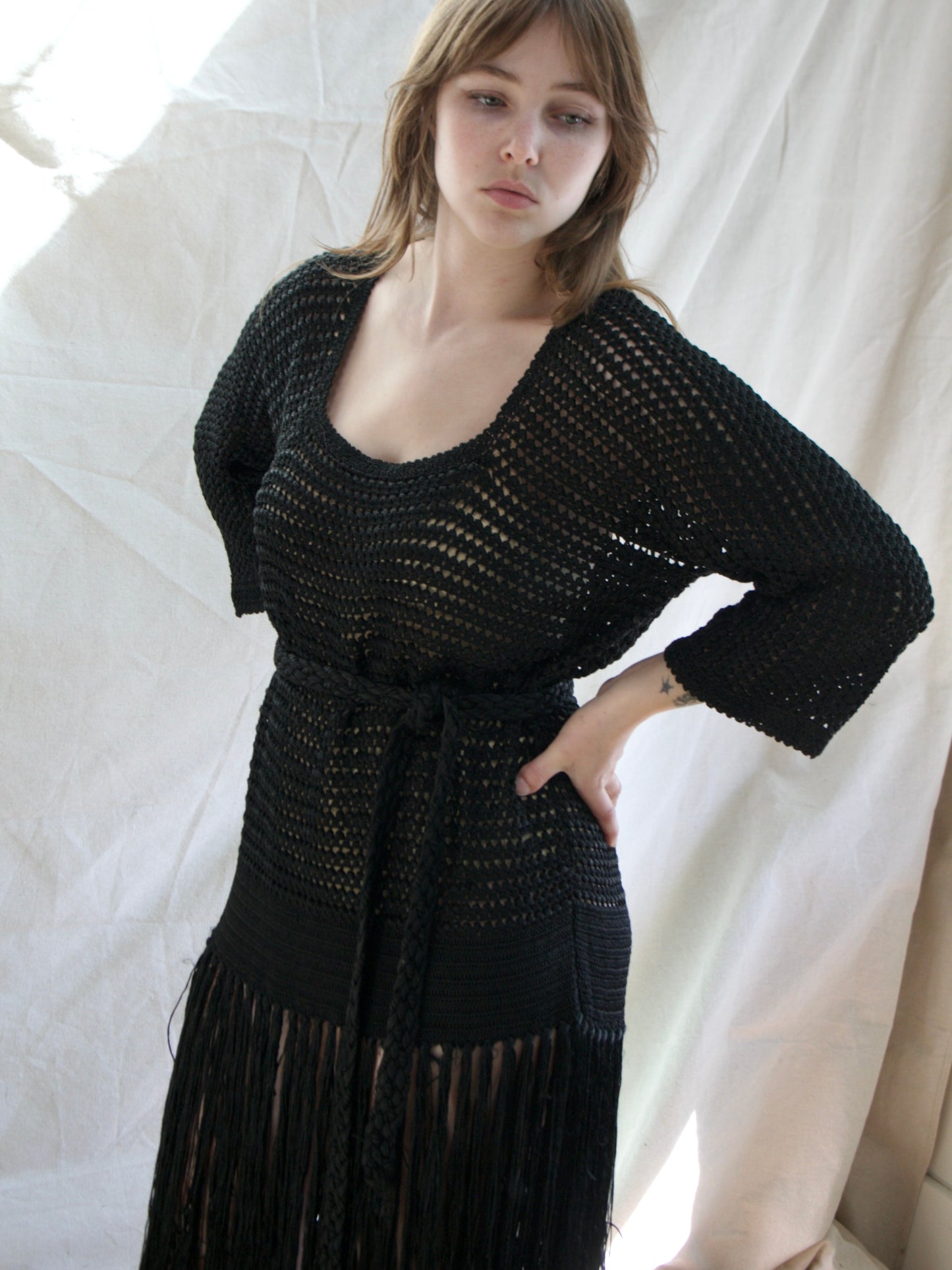 Antique 1920s Inky Black Rayon Knit Fringe Tunic Dress