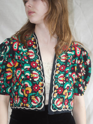 1930s Vibrant Floral Motif Print Puff Sleeve SIlk Bolero