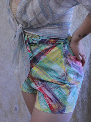 1950s Multicolor Cotton Side Button/ Zip Tie Waist Shorts