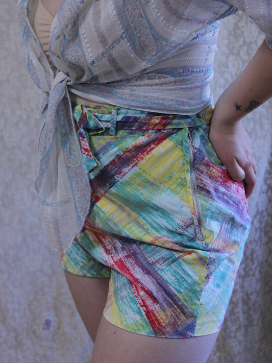 1950s Multicolor Cotton Side Button/ Zip Tie Waist Shorts