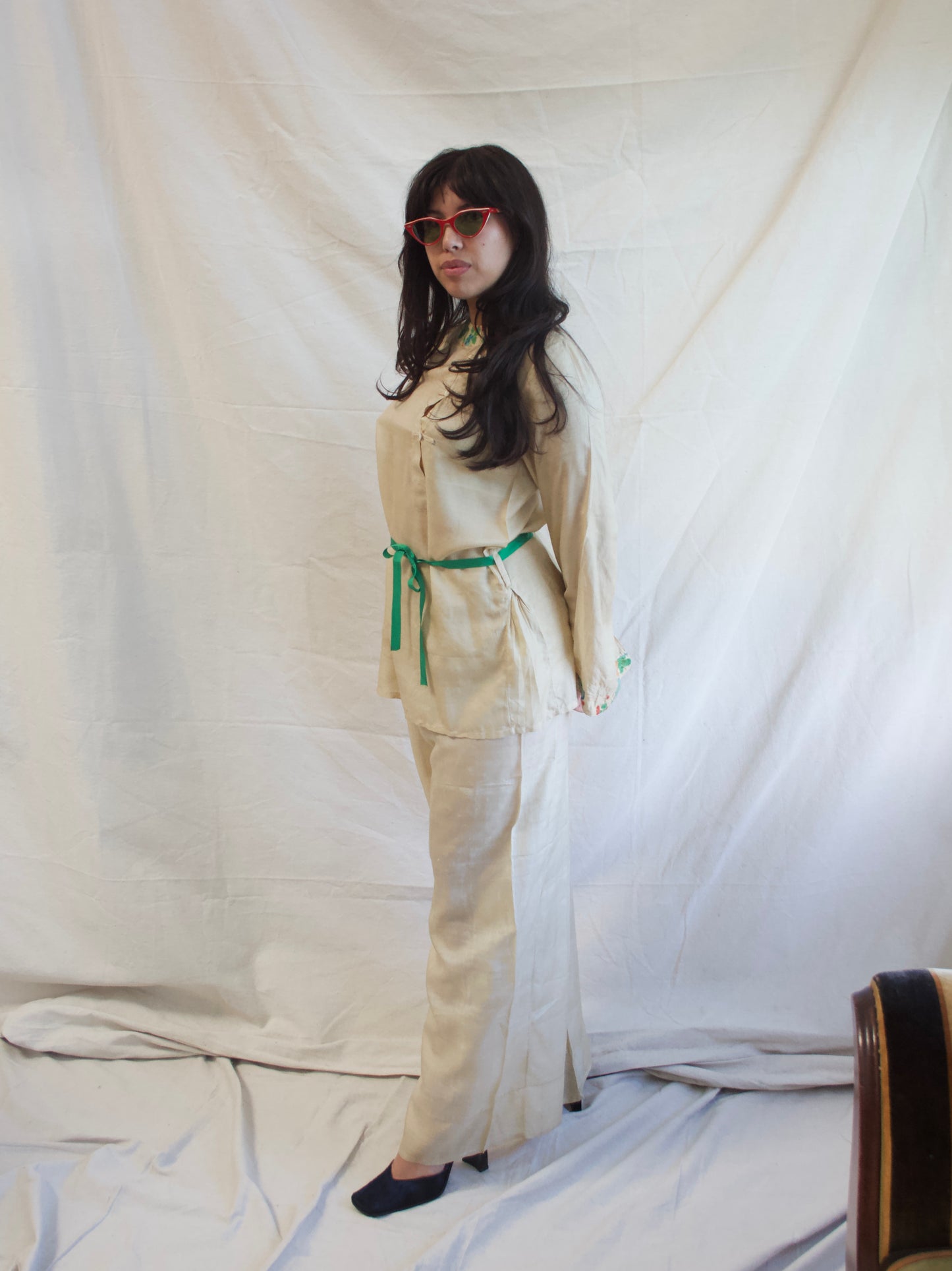 Antique 1920s Faded Print Pongee Silk 2 PC Loungewear Pant Set