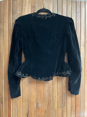 1940s Puff Sleeve Bouillon Embroidered Velveteen Zip Front Blouse