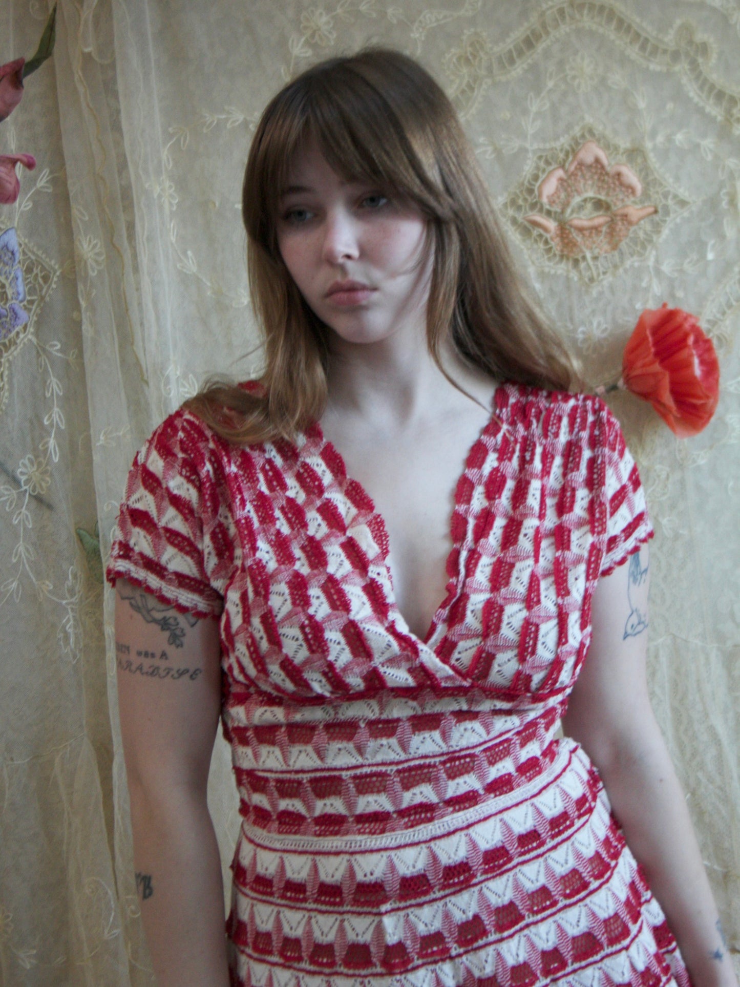 1950s Red/ White Crochet Knit Dress