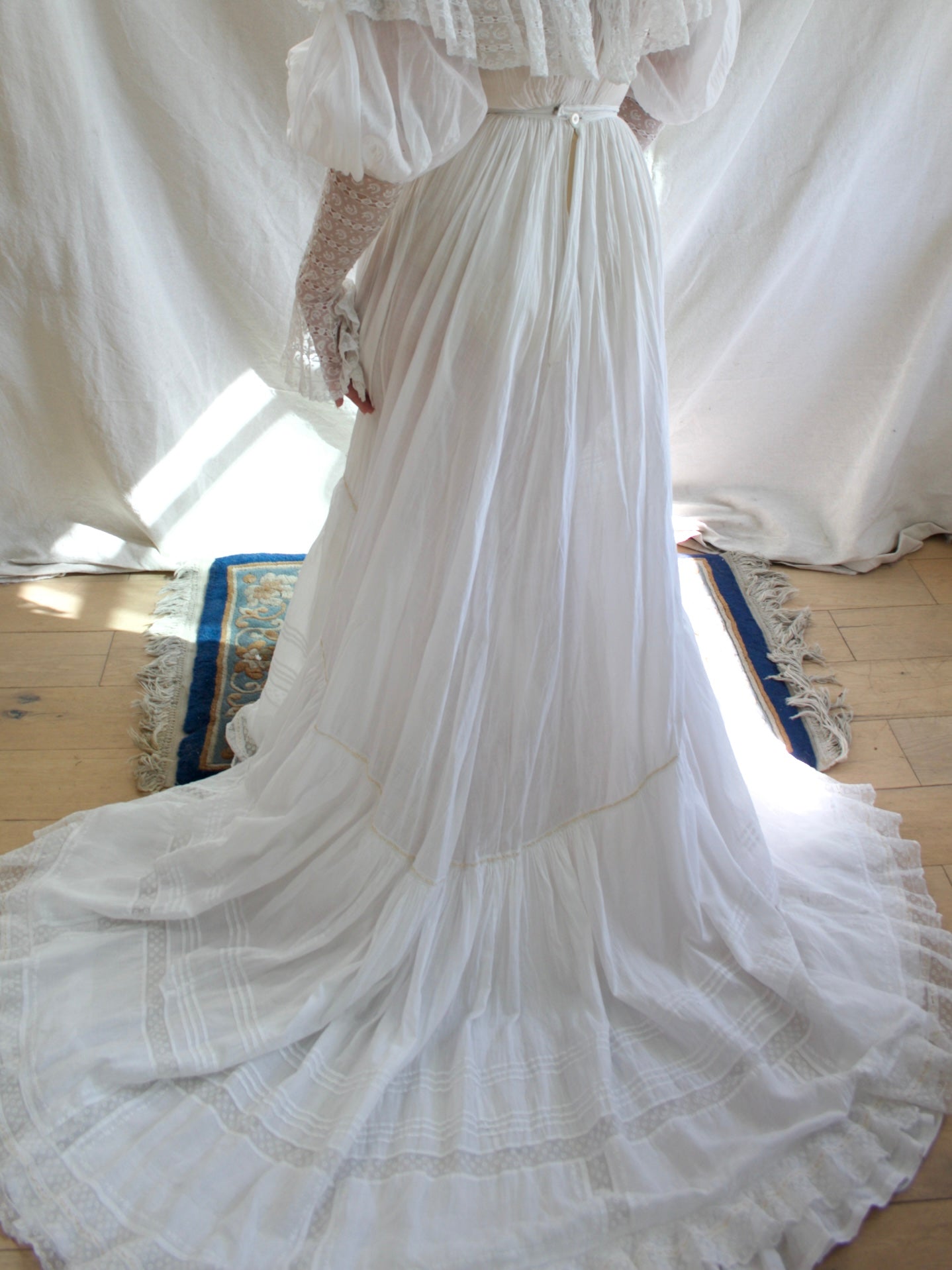 Antique Turn Of The Century Batiste Cotton Inset Lace Trained Mutton Gown