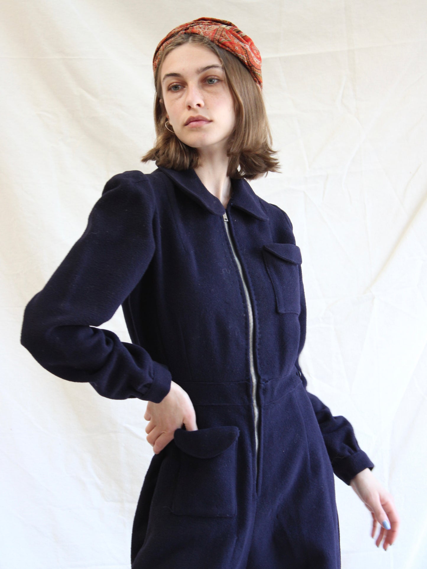WW2 Navy Blue Wool Back Flap "Siren Suit" Wide Leg Jumpsuit