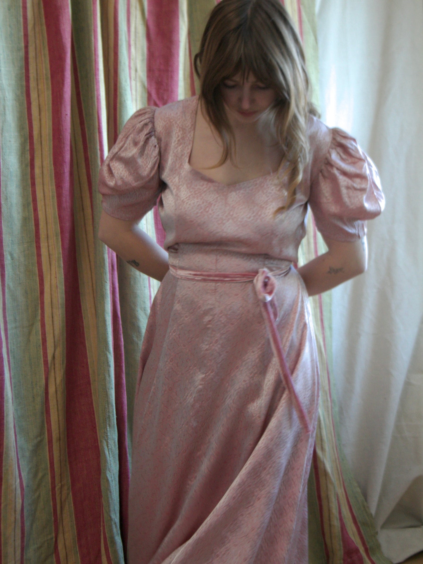 1940s Puff Sleeve Printed Rayon Satin Belted Dress